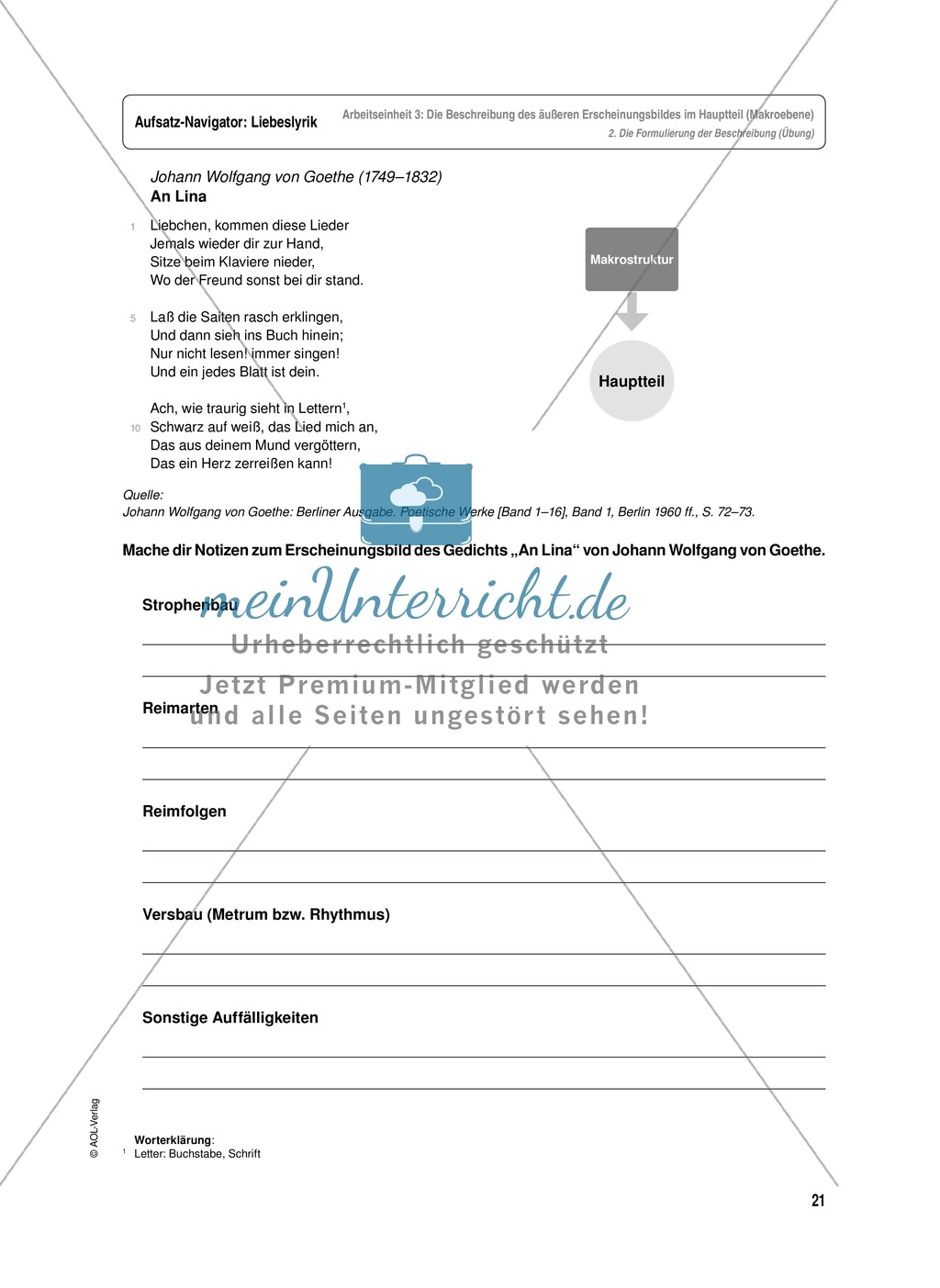 Arbeitseinheit zur Gestaltung einer Analyse / Interpretation von Liebeslyrik - Die Beschreibung des äußeren Erscheinungsbildes im Hauptteil (Makroebene) Preview 3