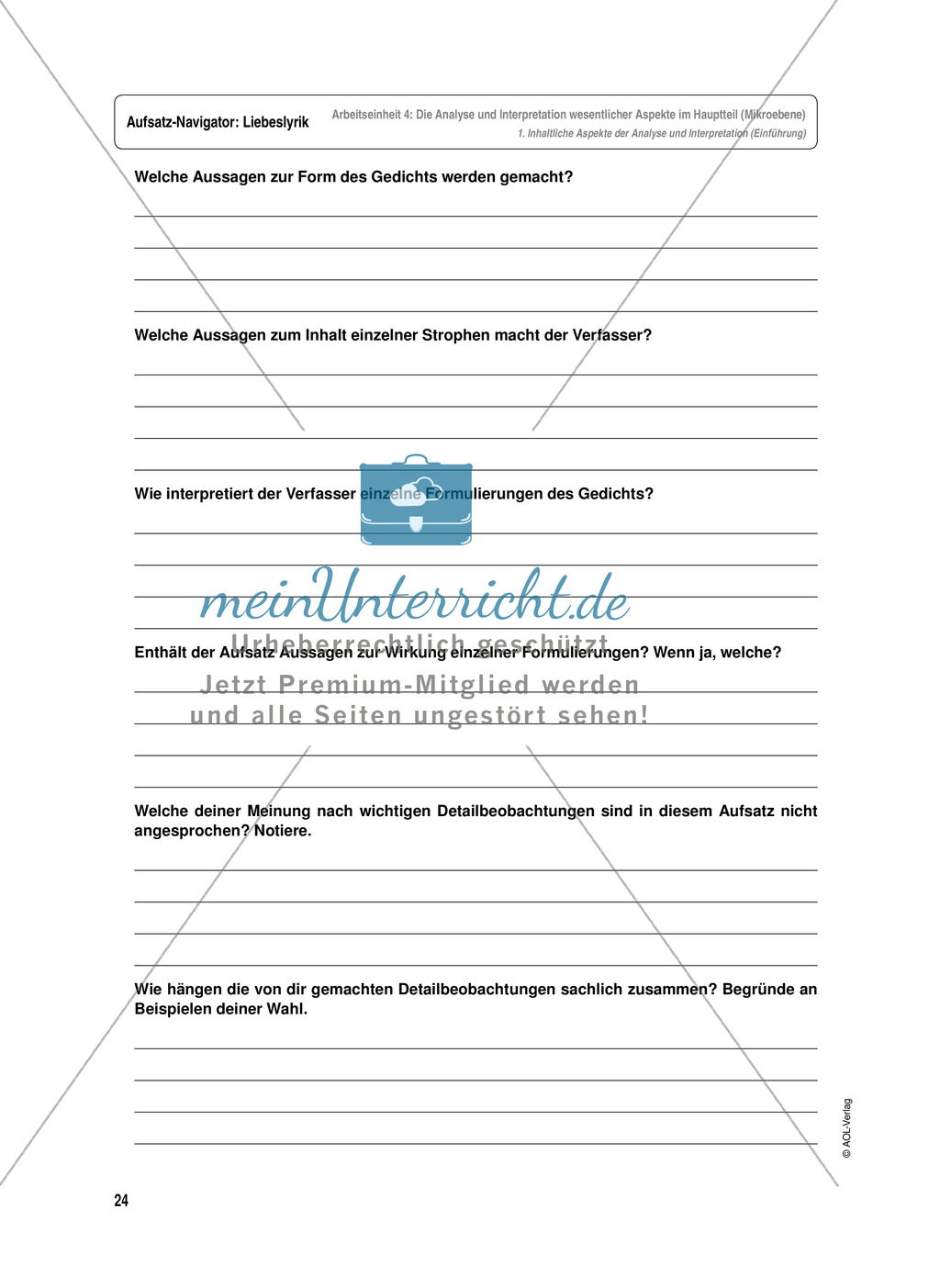 Arbeitseinheit zur Gestaltung einer Analyse / Interpretation von Liebeslyrik - Die Analyse und Interpretation wesentlicher Aspekte im Hauptteil (Mikroebene) Preview 2