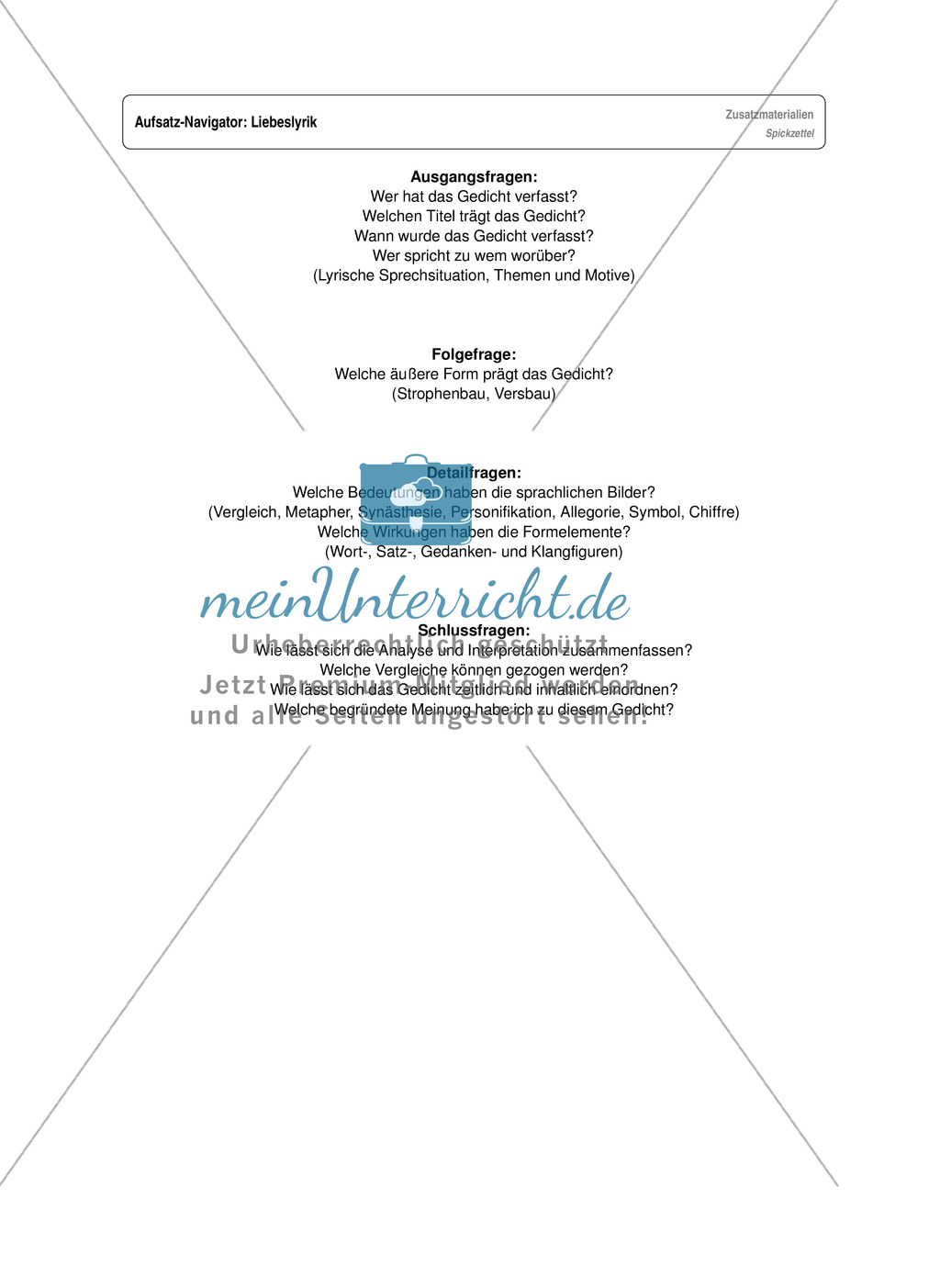 Arbeitseinheit zur Gestaltung einer Analyse / Interpretation von Liebeslyrik - Vorbereitung auf die Klassenarbeitssituation Preview 13