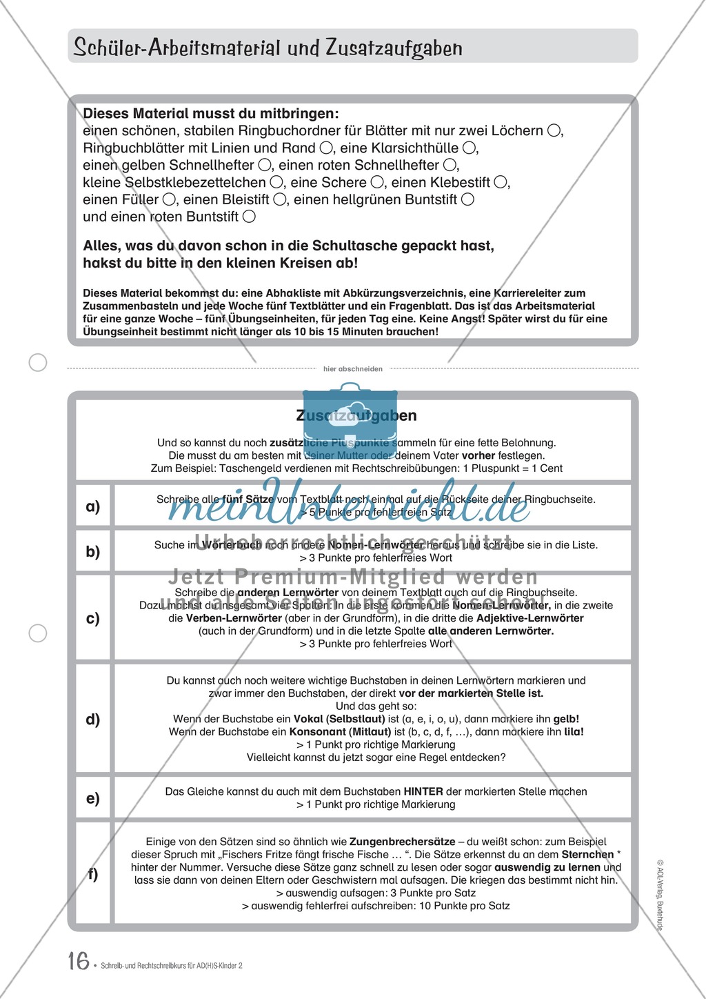 Zusatzaufgaben zur Rechtschreibübung mit Textübungsbögen für Kinder mit ADS/ADHS Preview 2