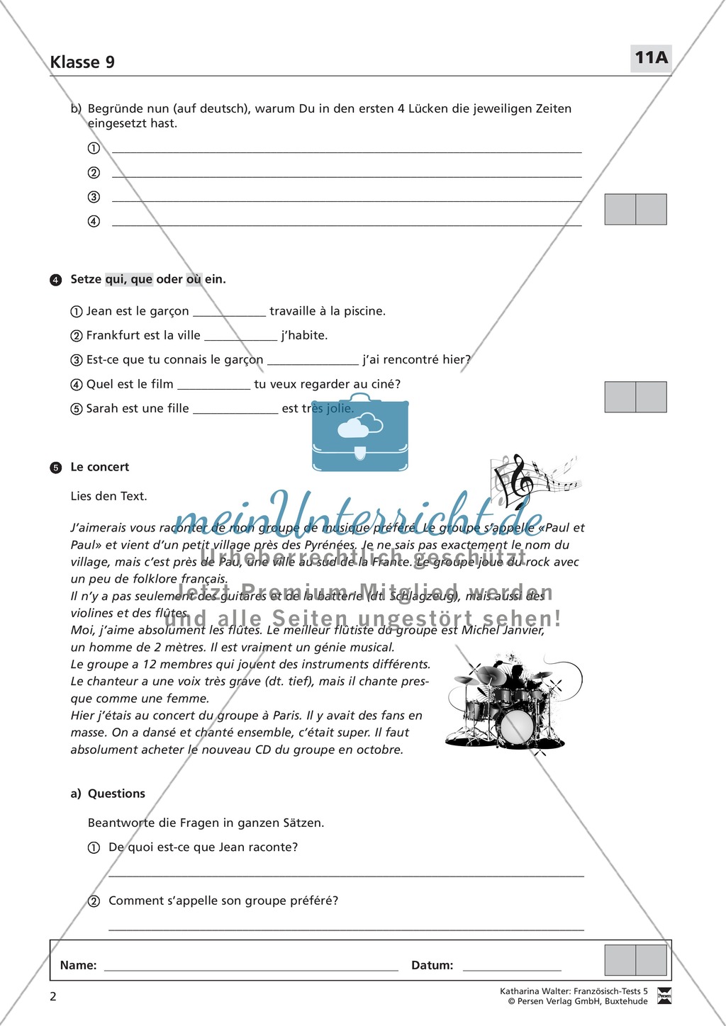 Französischtest für die 9. Klasse (Version 11A+11B) Preview 2