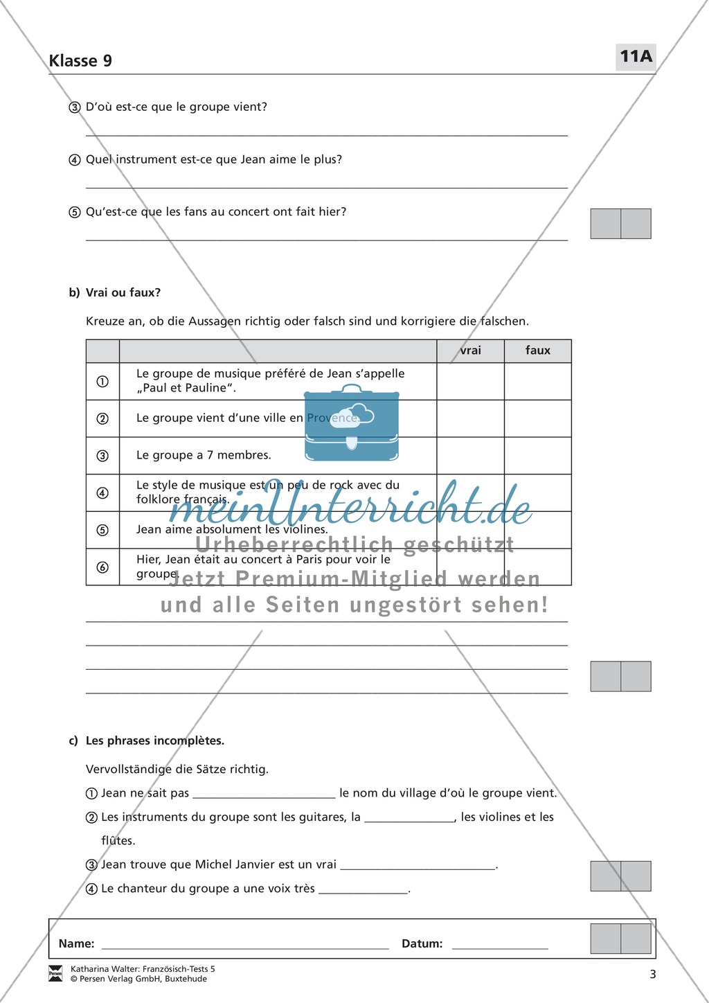 Französischtest für die 9. Klasse (Version 11A+11B) Preview 3