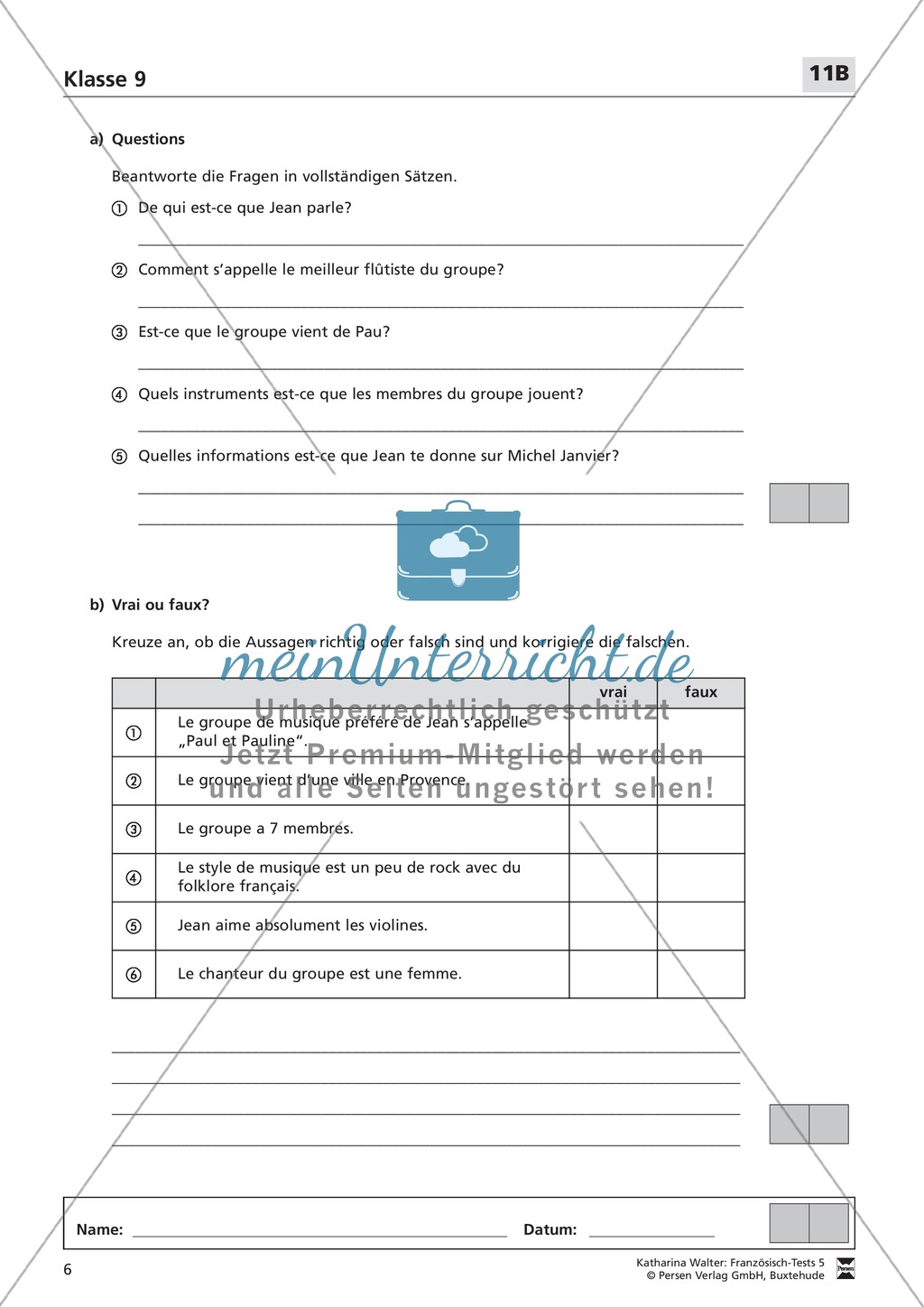 Französischtest für die 9. Klasse (Version 11A+11B) Preview 6
