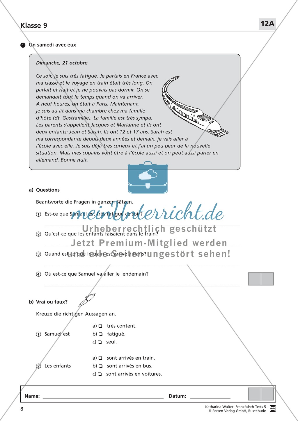 Französischtest für die 9. Klasse (Version 12A+12B) Preview 1