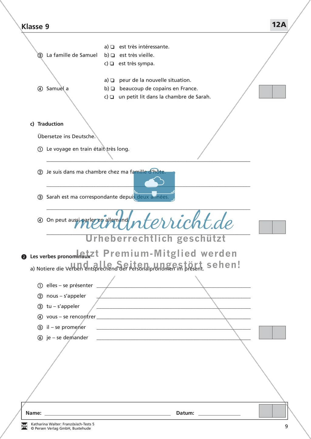 Französischtest für die 9. Klasse (Version 12A+12B) Preview 2