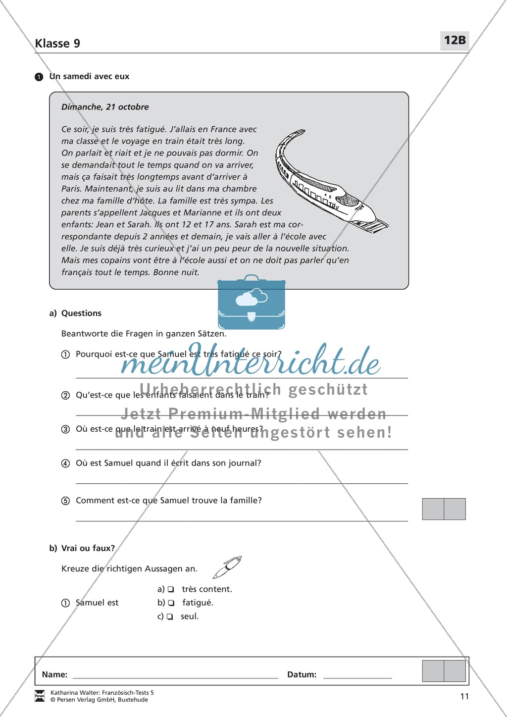 Französischtest für die 9. Klasse (Version 12A+12B) Preview 4