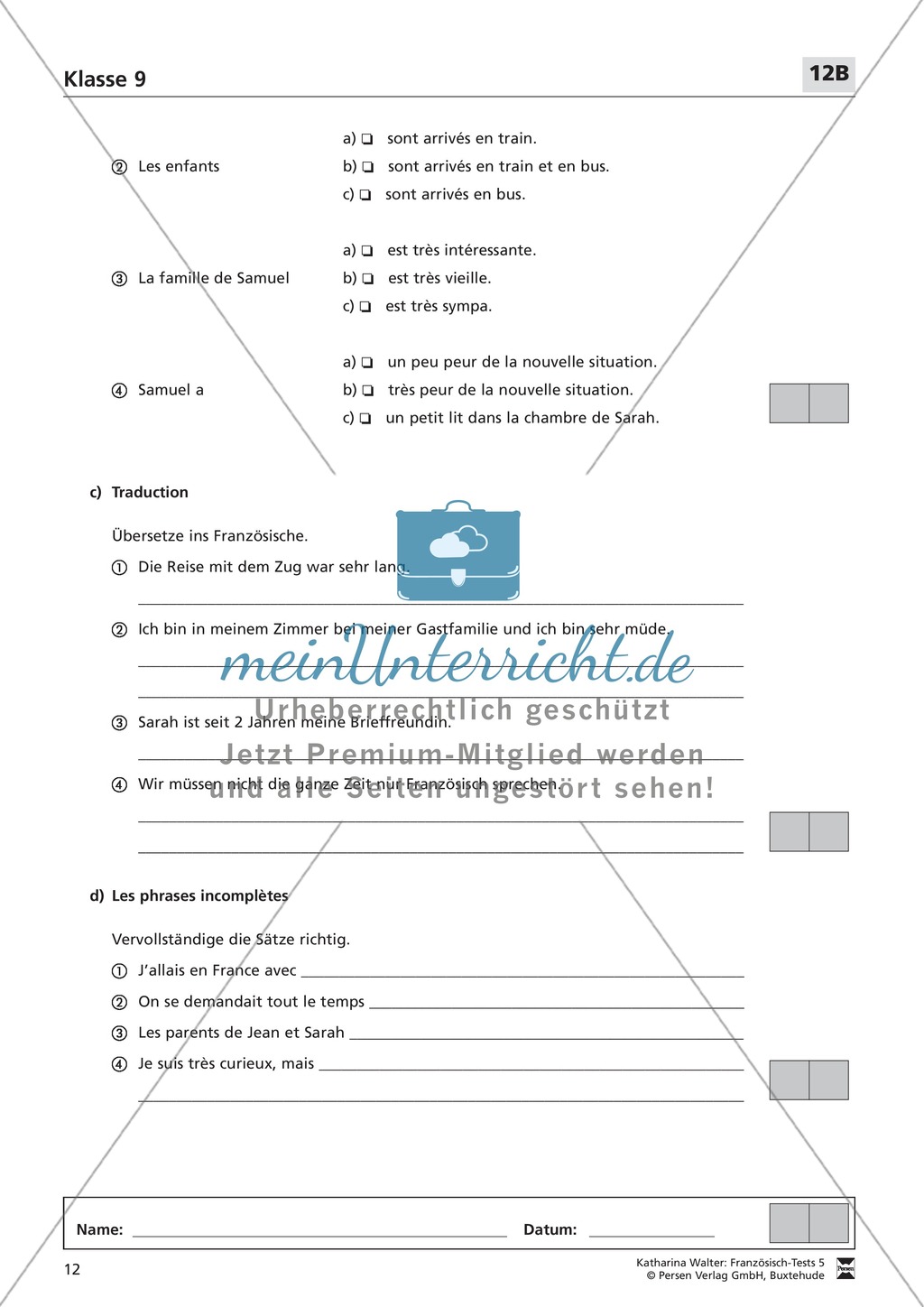 Französischtest für die 9. Klasse (Version 12A+12B) Preview 5