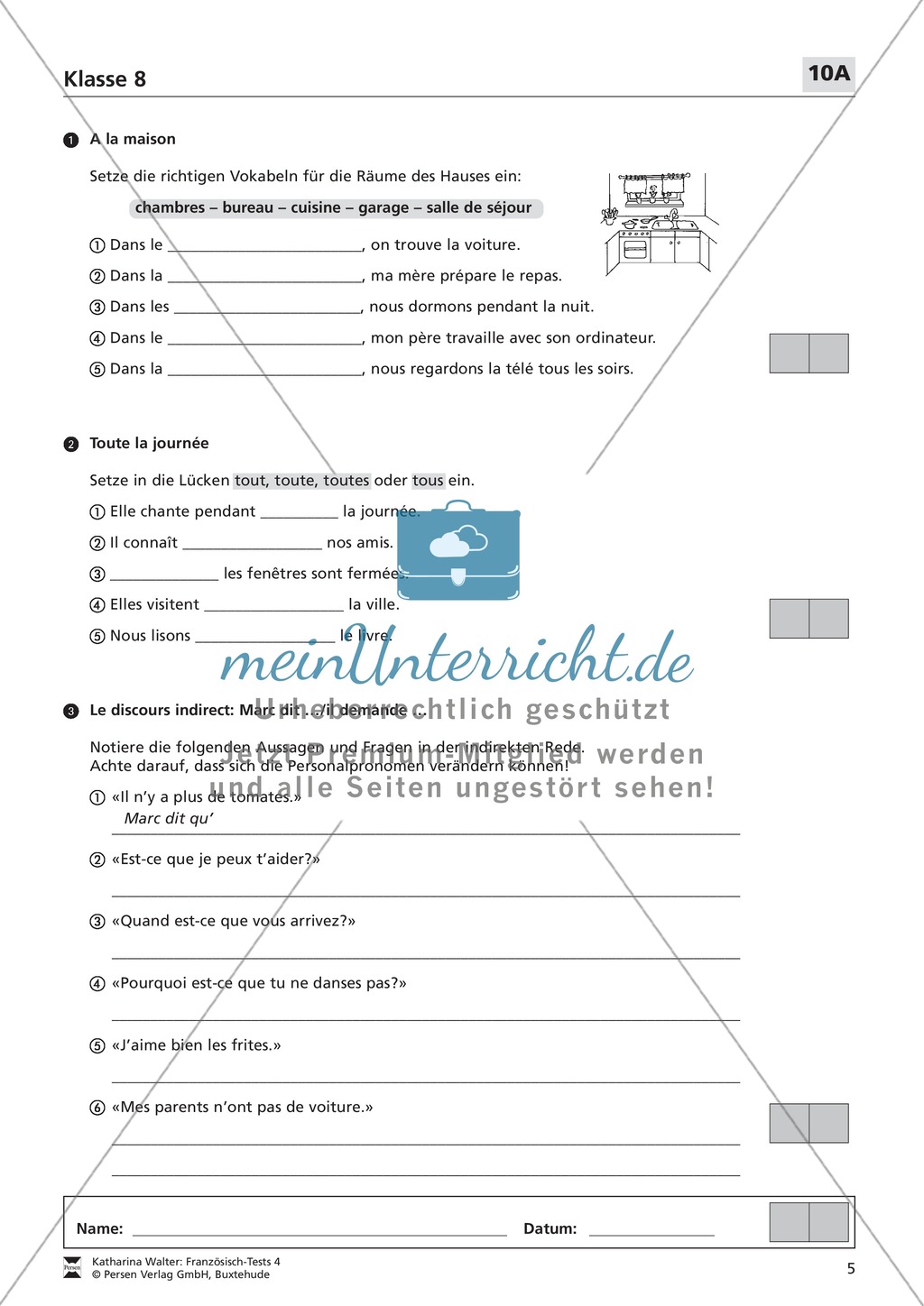 Französischtest für die 8. Klasse (Version 10A+10B) Preview 1