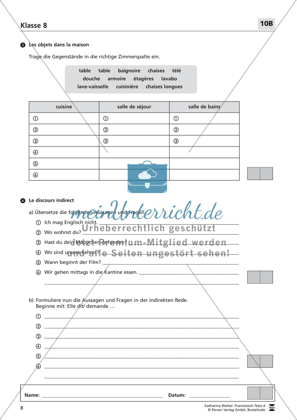 Französischtest für die 8. Klasse (Version 10A+10B) Preview 4