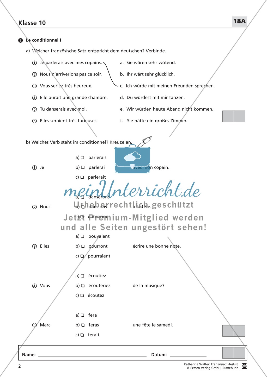 Französischtest für die 10. Klasse (Version 18A+18B) Preview 2
