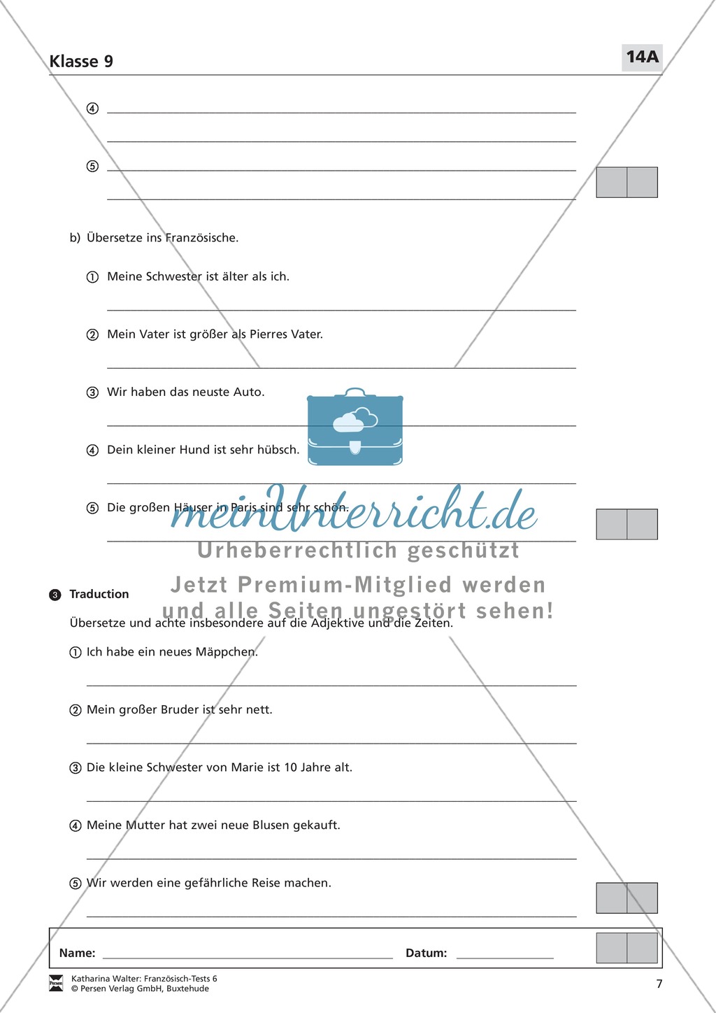 Französischtest für die 9. Klasse (Version 14A+14B) Preview 2