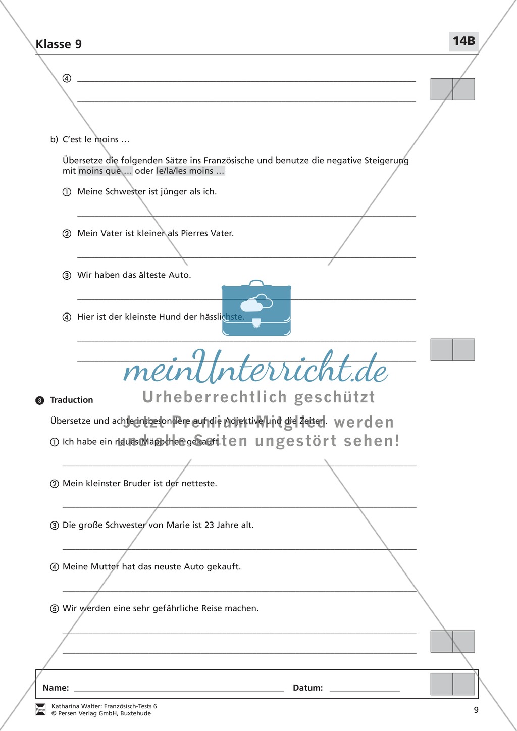 Französischtest für die 9. Klasse (Version 14A+14B) Preview 4