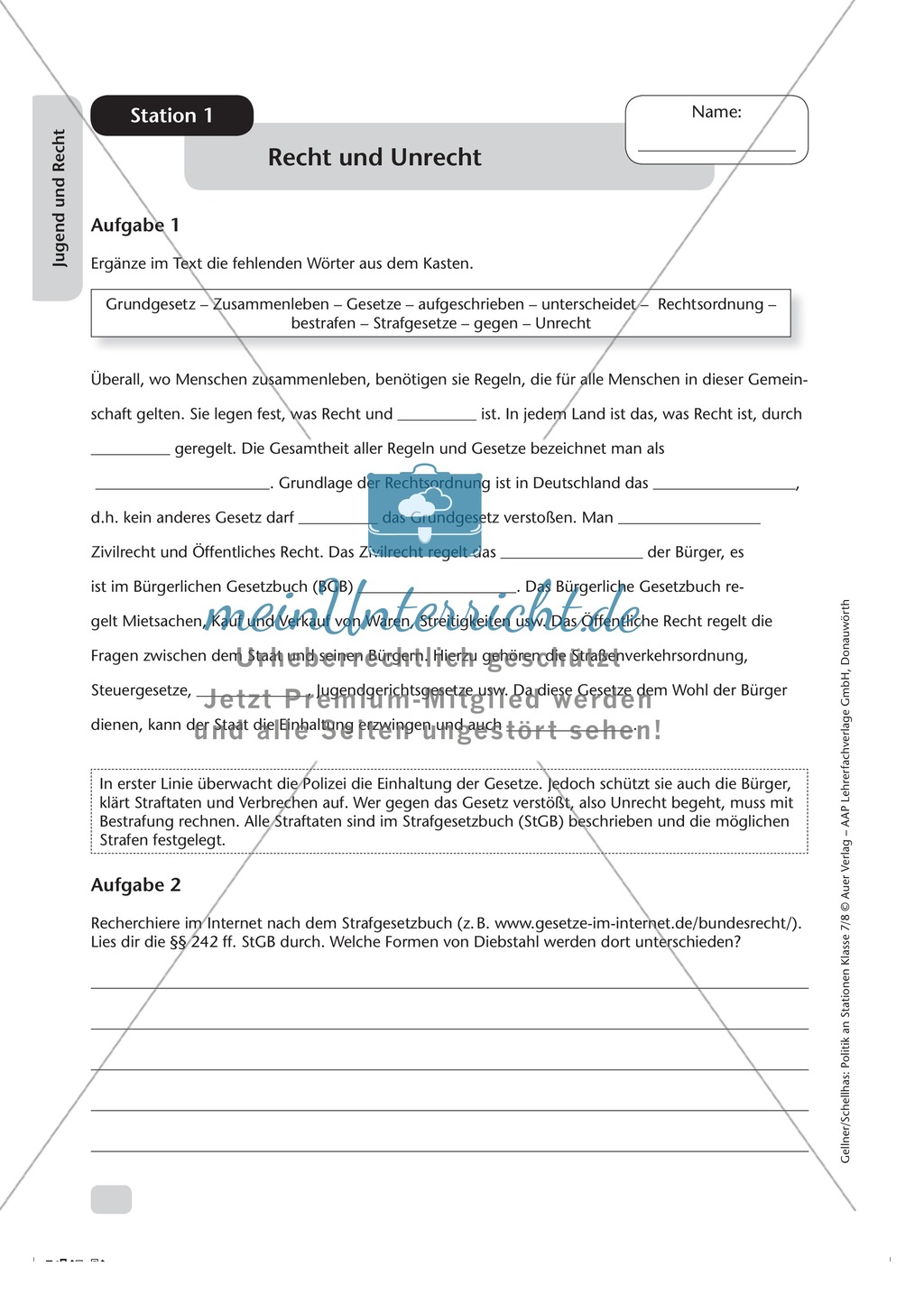 Jugend und Recht: Wichtige Gesetze und Straftatbestände. Arbeitsmaterial mit Lösungen Preview 1