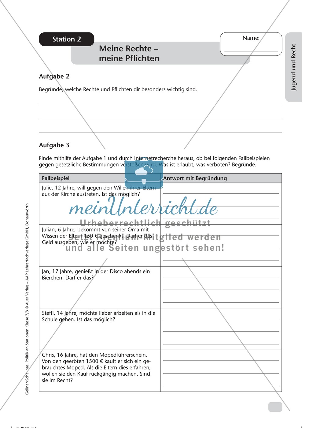Jugend und Recht: Meine Rechte und Pflichten. Arbeitsmaterial mit Lösungen Preview 2
