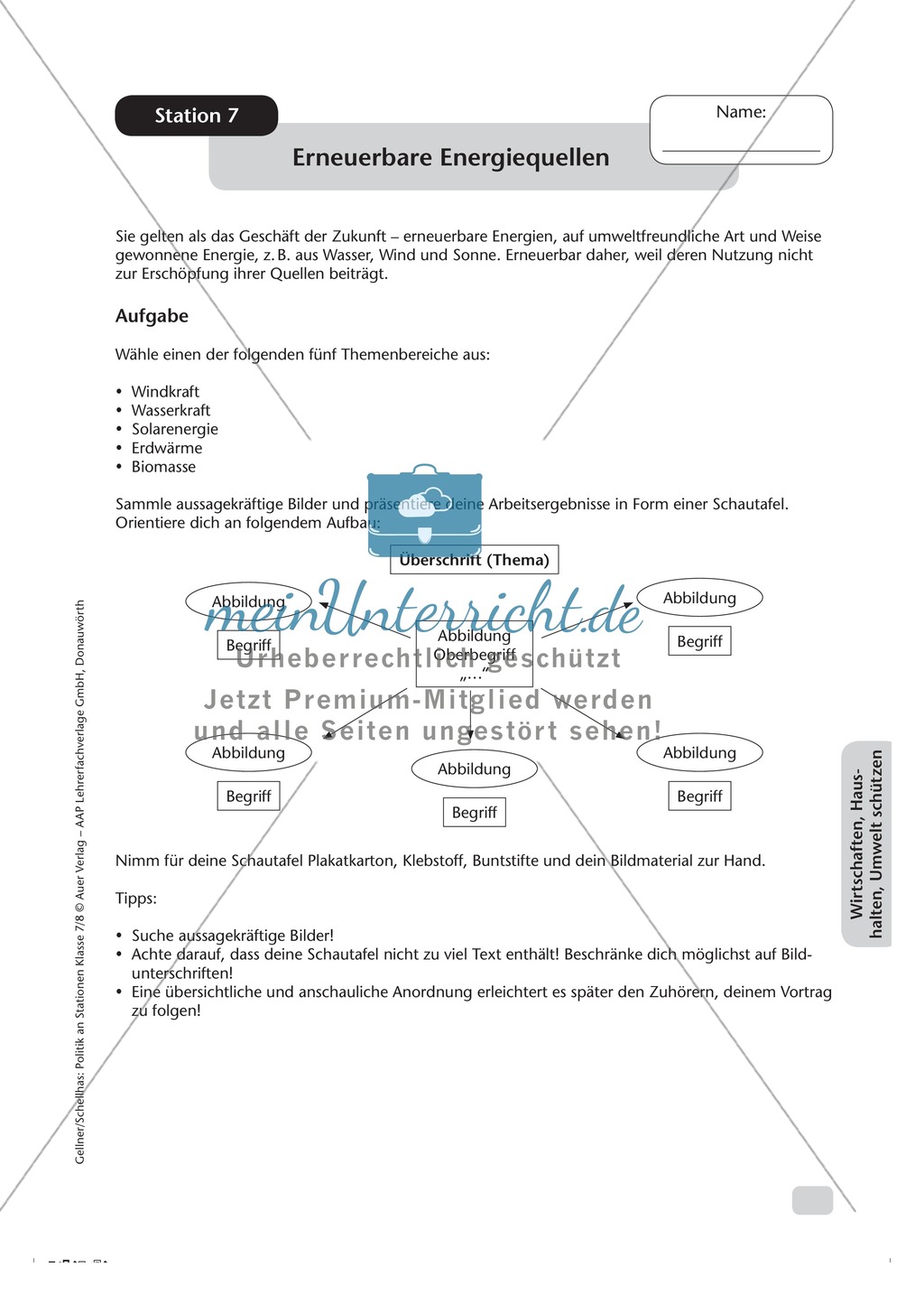 Wirtschaften, Haushalten, Umwelt schützen: Erneuerbare Energiequellen. Arbeitsmaterial Preview 1