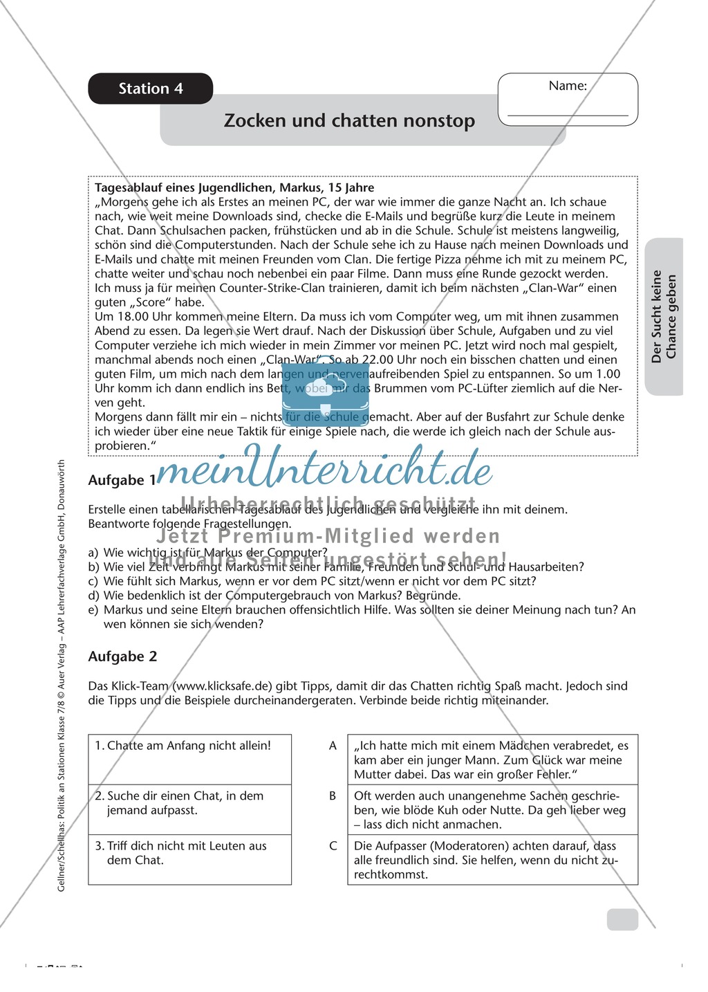 Sucht: Zocken und chatten nonstop. Arbeitsmaterial mit Lösungen Preview 1
