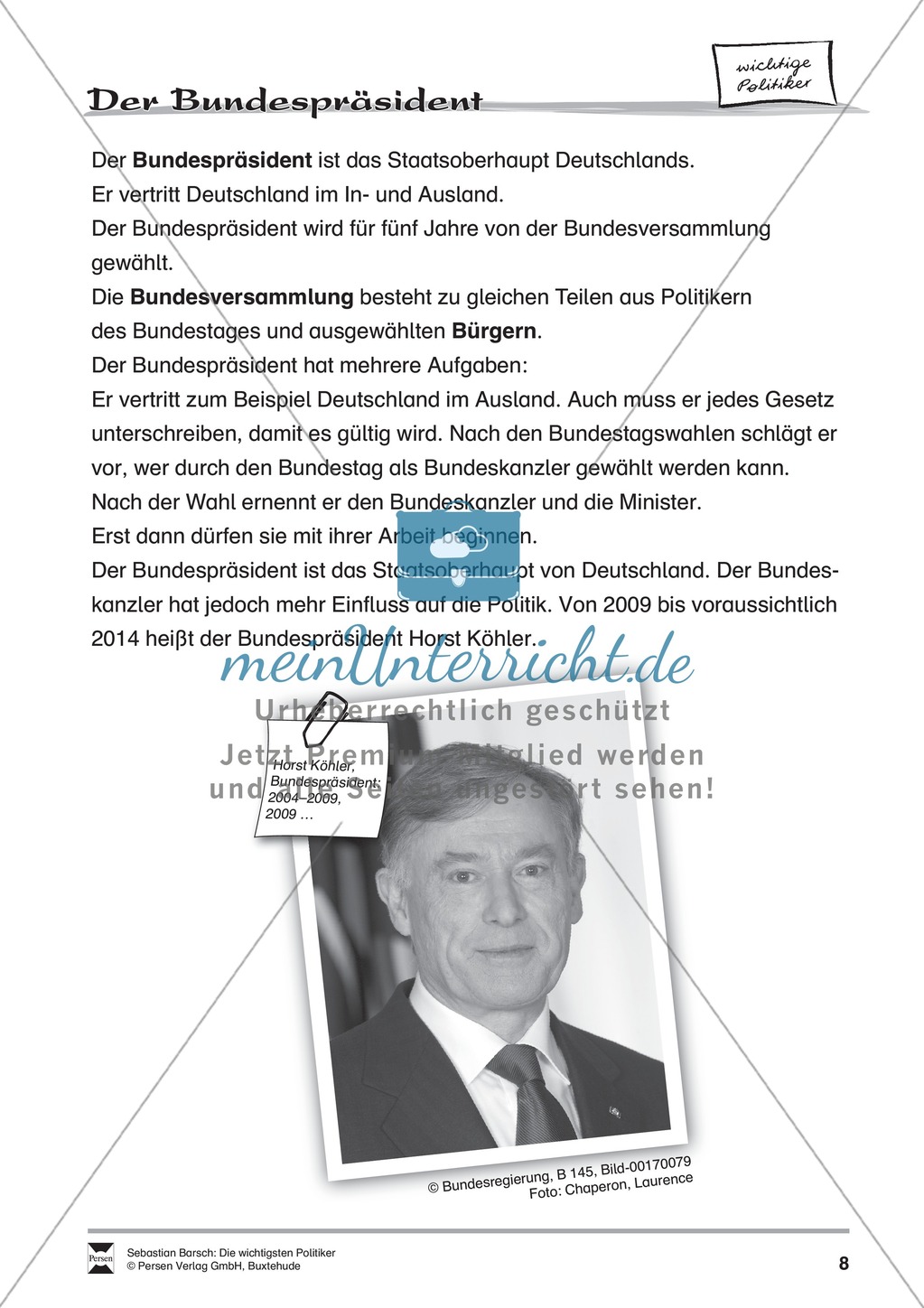 Der Bundespräsident: Infotext und Arbeitsblätter Preview 1