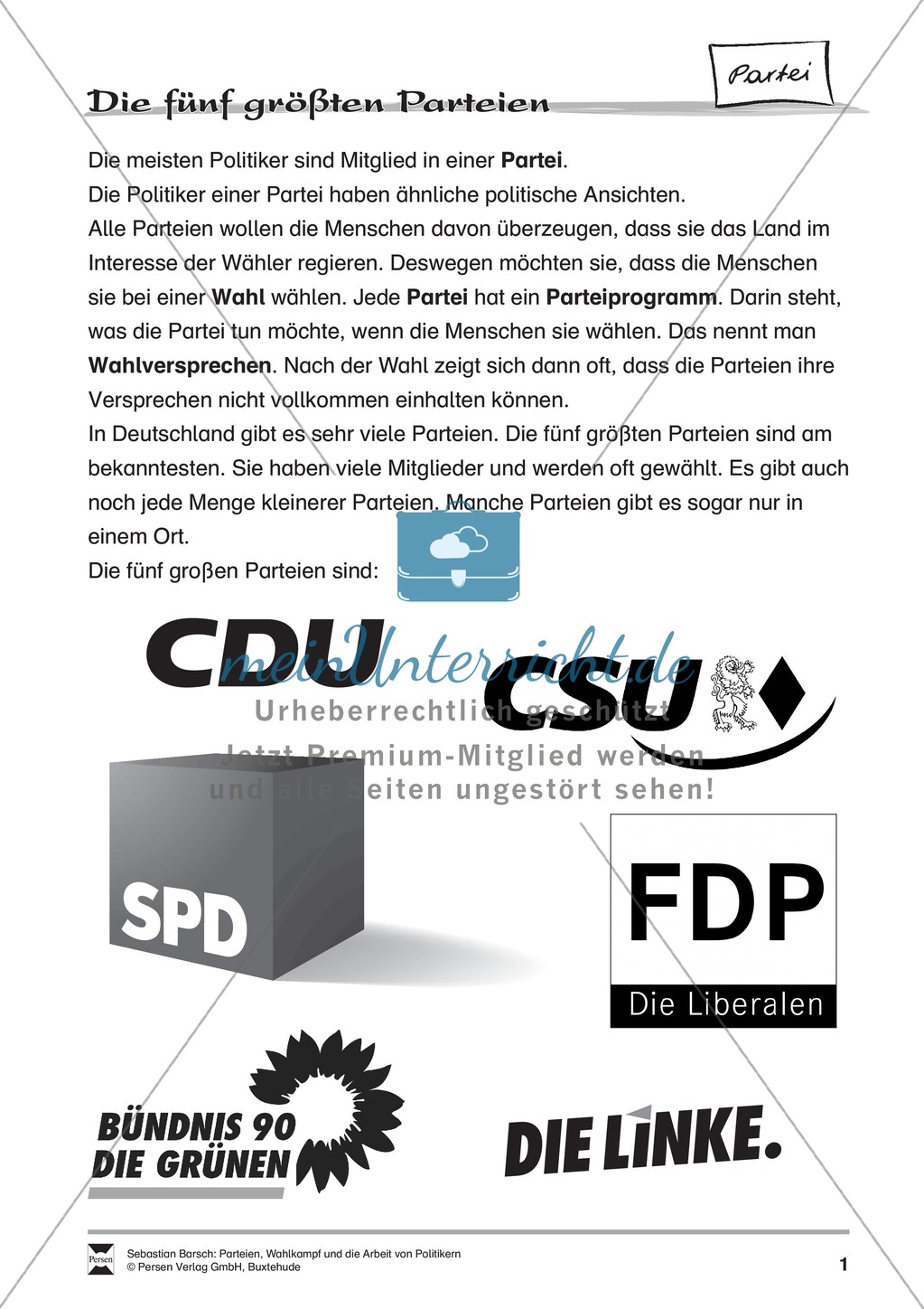 Die fünf größten Parteien Deutschlands: Infotext und Arbeitsblätter Preview 1