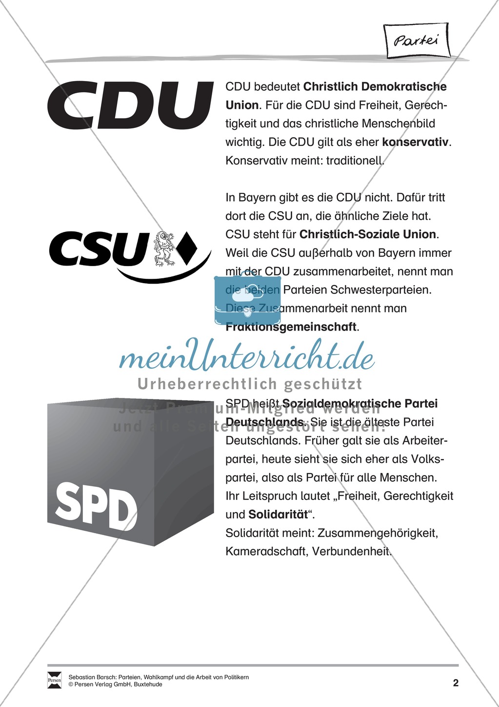 Die fünf größten Parteien Deutschlands: Infotext und Arbeitsblätter Preview 2