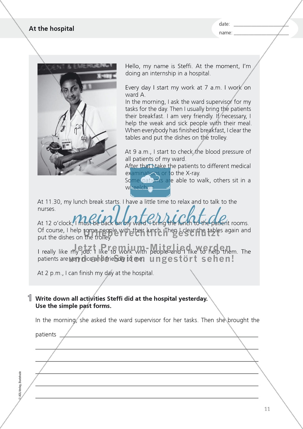 Exercises related to everyday working life: at the hospital - writing a description and a conversation with patients + simple past + cloze Preview 1