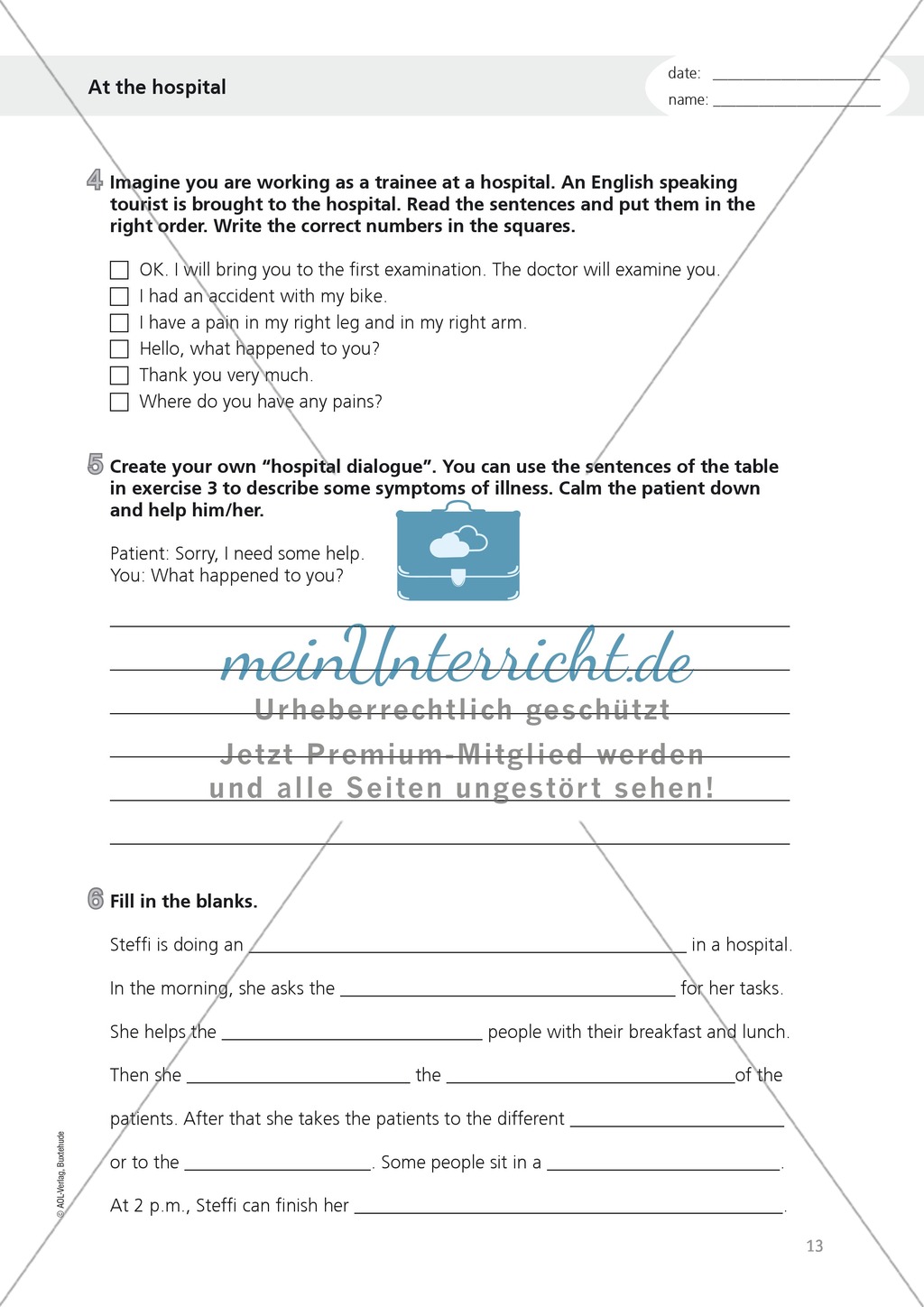 Exercises related to everyday working life: at the hospital - writing a description and a conversation with patients + simple past + cloze Preview 3