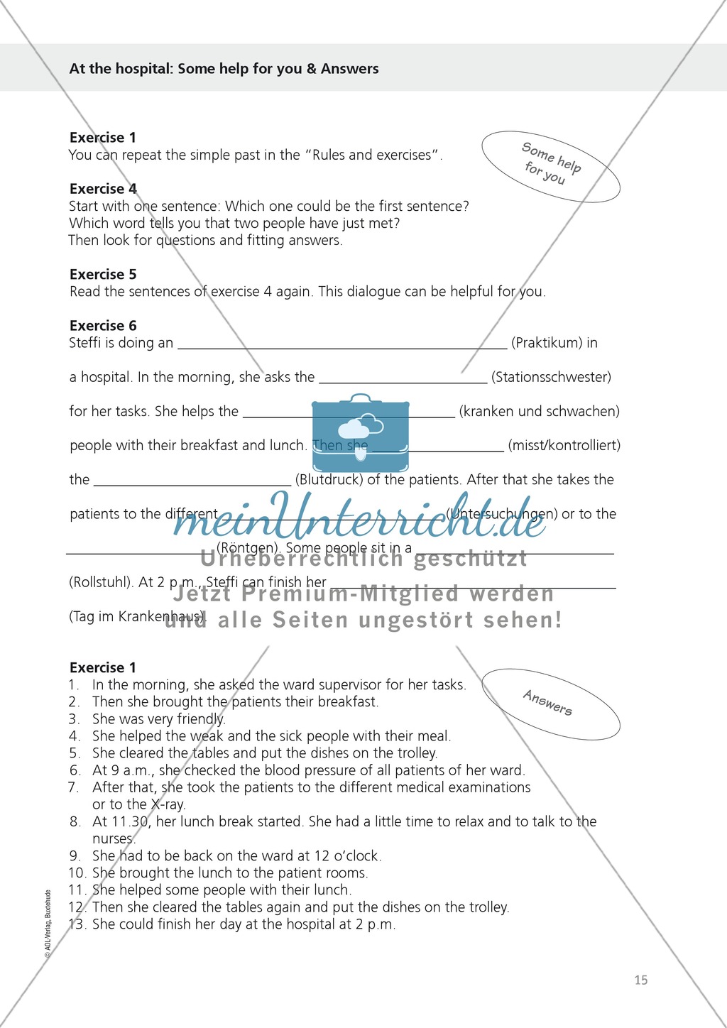 Exercises related to everyday working life: at the hospital - writing a description and a conversation with patients + simple past + cloze Preview 5