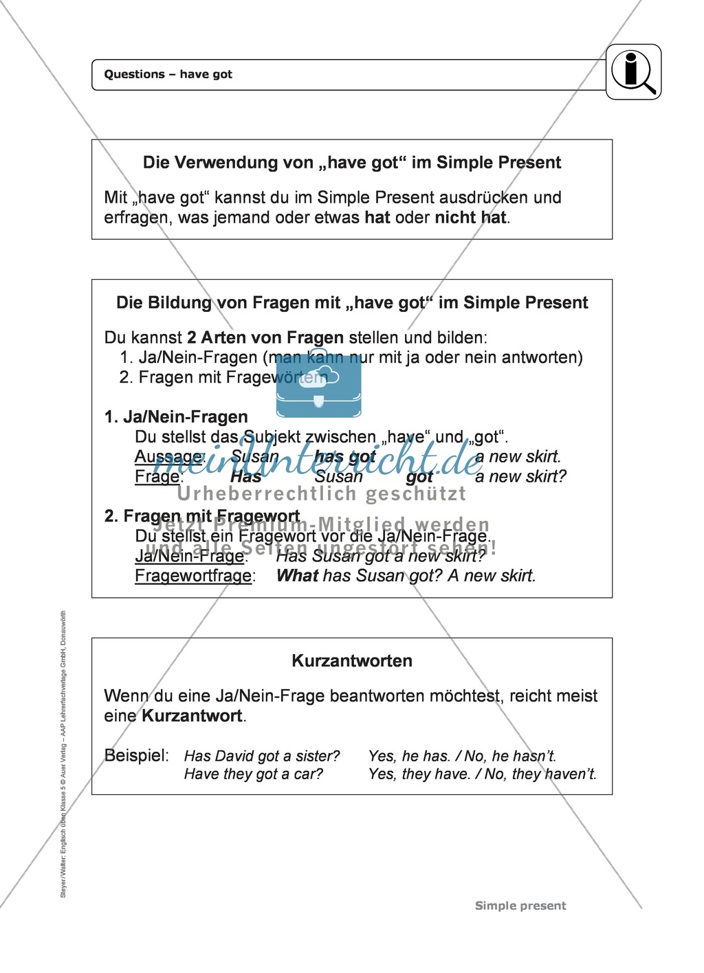 Simple Present bei questions mit have got: Erklärung, Übungen + Lösungen Preview 1