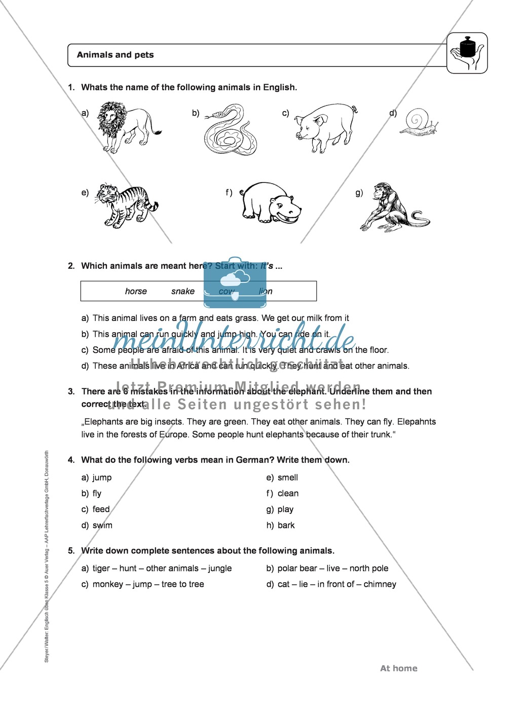 At home: animals and pets - Exercises + Lösungen Preview 2