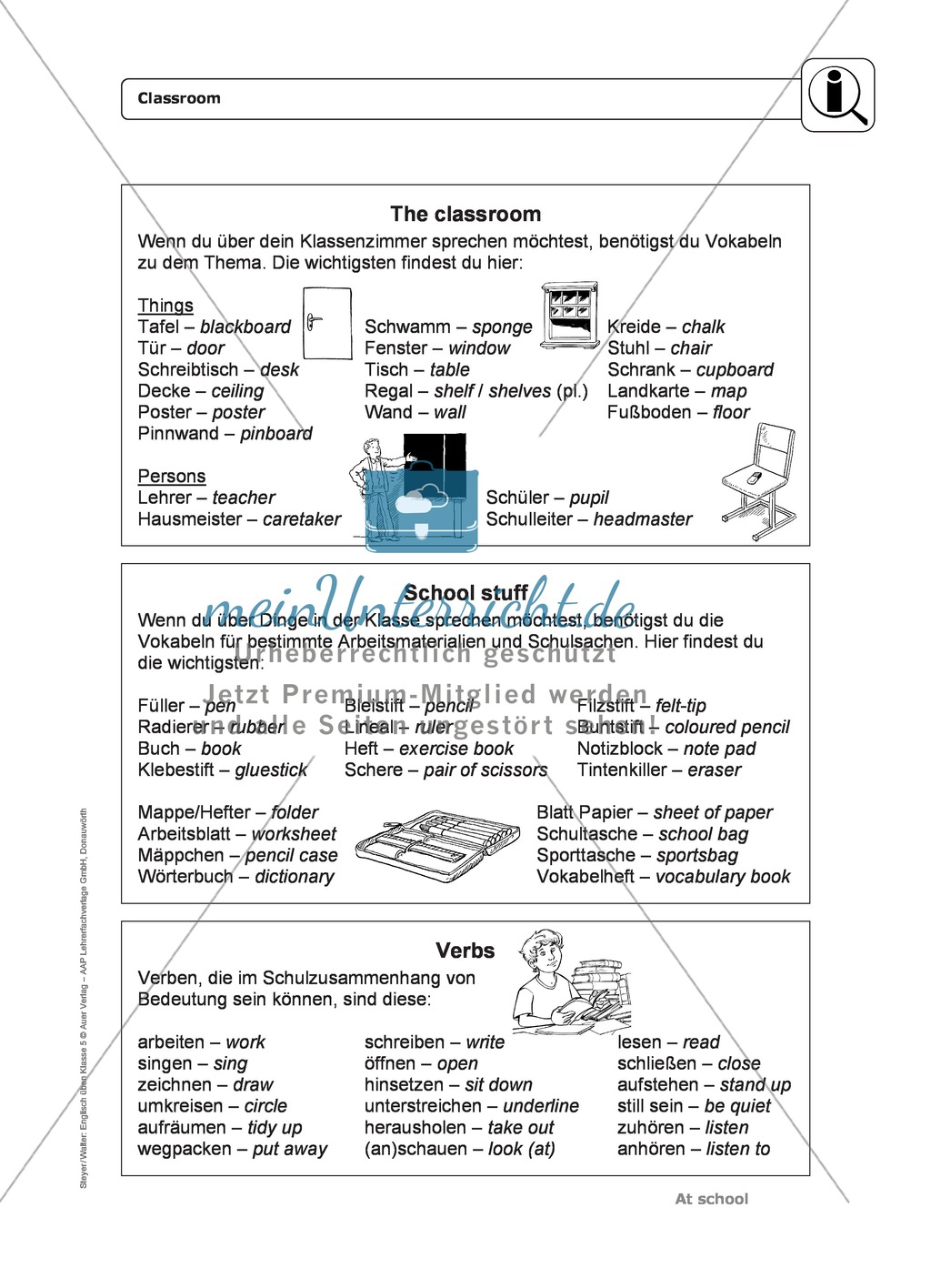 At school: classroom, school stuff and verbs - Exercises + Lösungen Preview 1