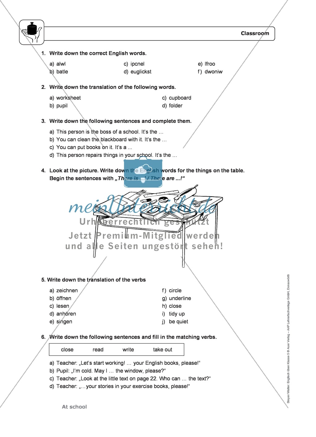 At school: classroom, school stuff and verbs - Exercises + Lösungen Preview 2