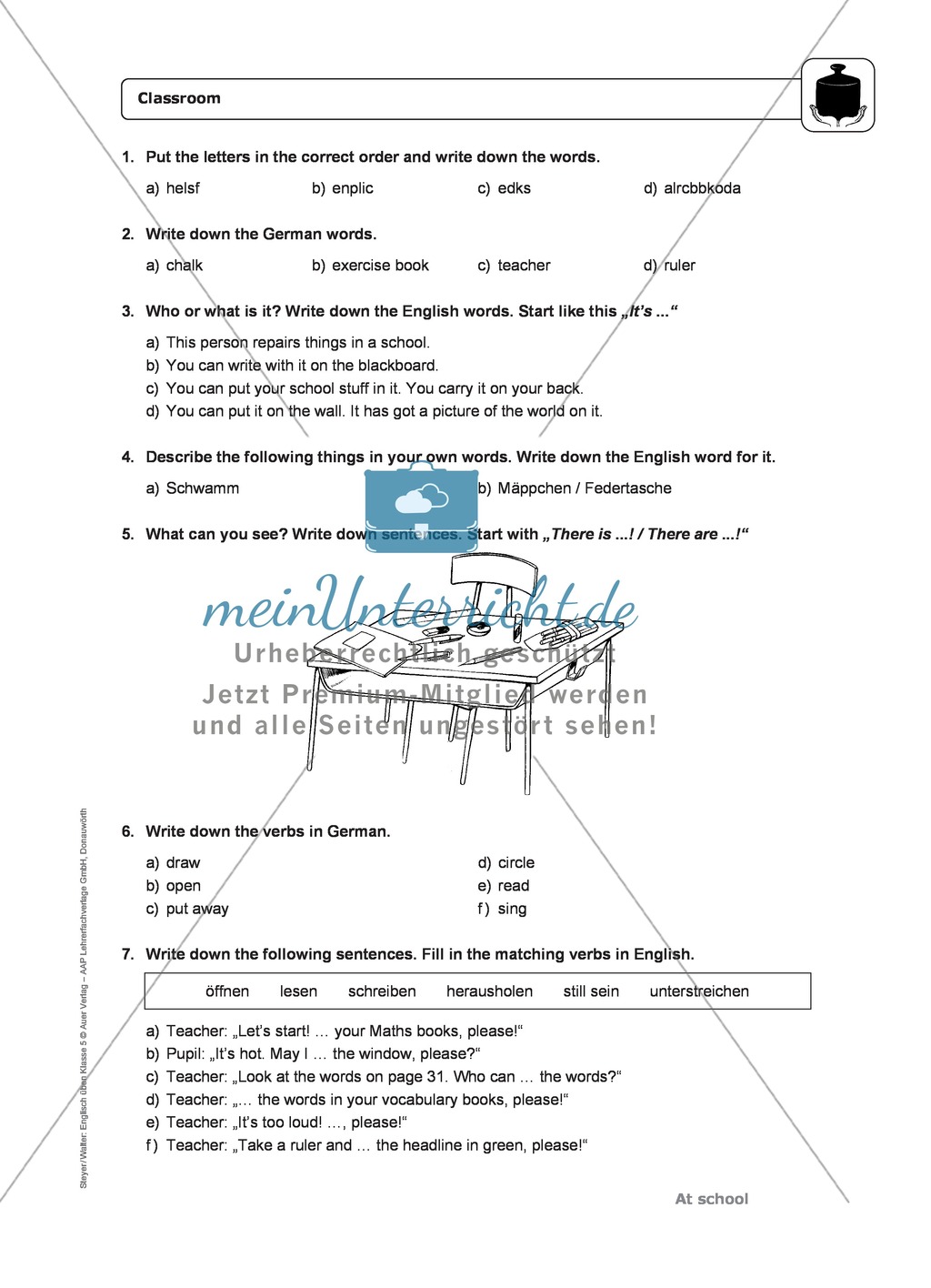 At school: classroom, school stuff and verbs - Exercises + Lösungen Preview 3