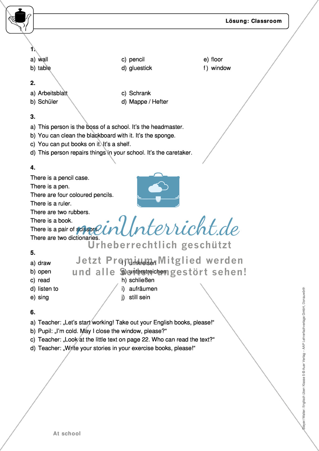 At school: classroom, school stuff and verbs - Exercises + Lösungen Preview 4
