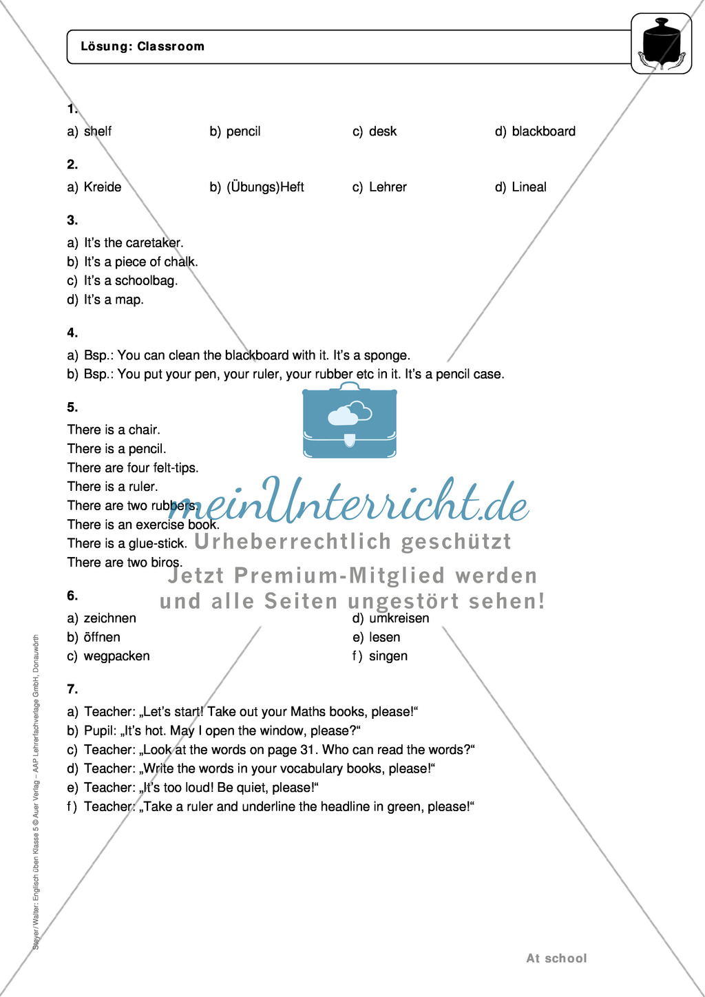 At school: classroom, school stuff and verbs - Exercises + Lösungen Preview 5