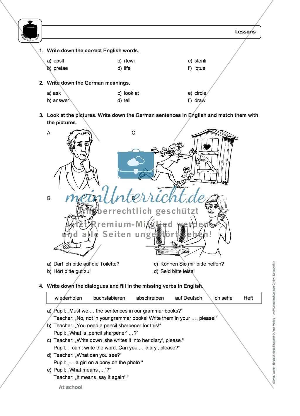 At school: lessons and classroom phrases - Exercises + Lösungen Preview 3
