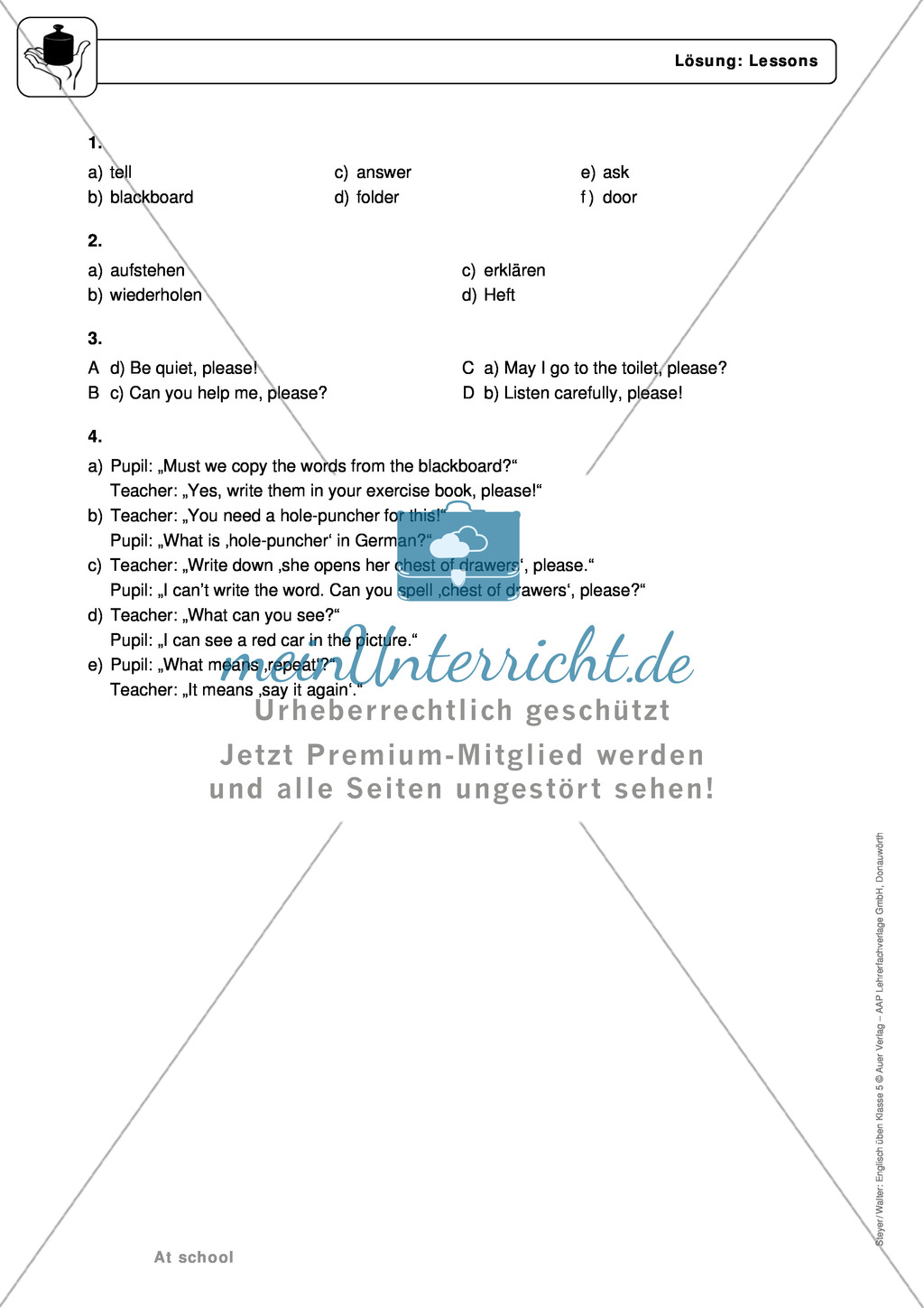 At school: lessons and classroom phrases - Exercises + Lösungen Preview 4