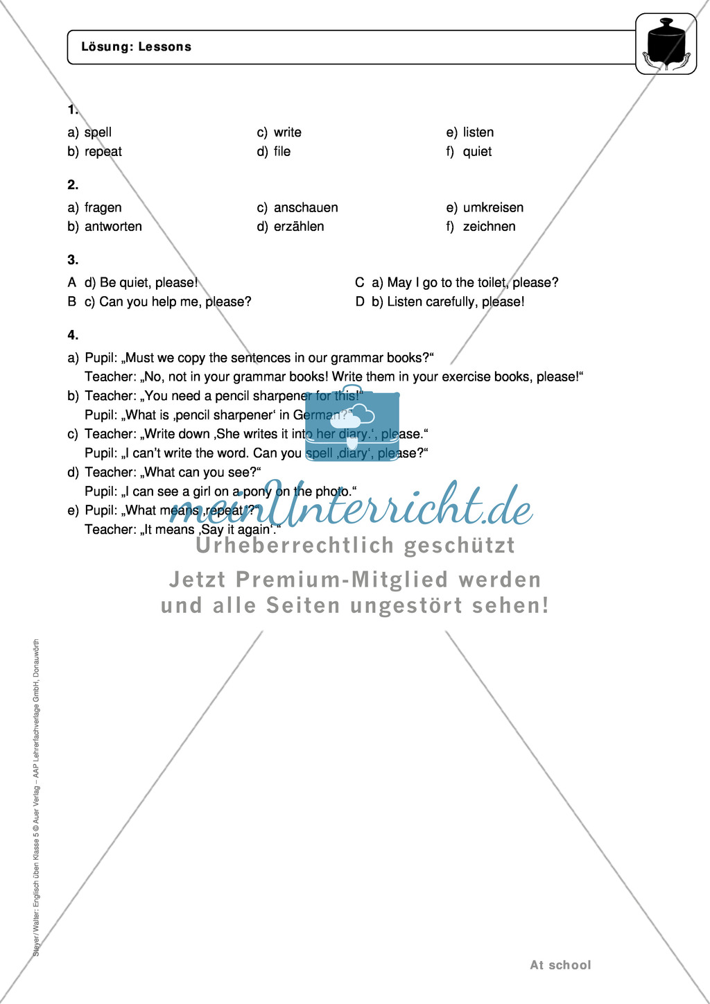 At school: lessons and classroom phrases - Exercises + Lösungen Preview 5