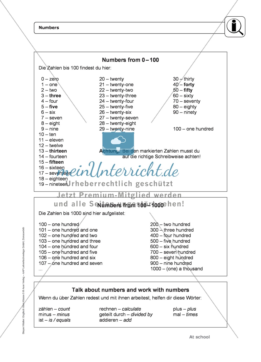 At school: numbers from 0-1000 - Exercises + Lösungen Preview 1
