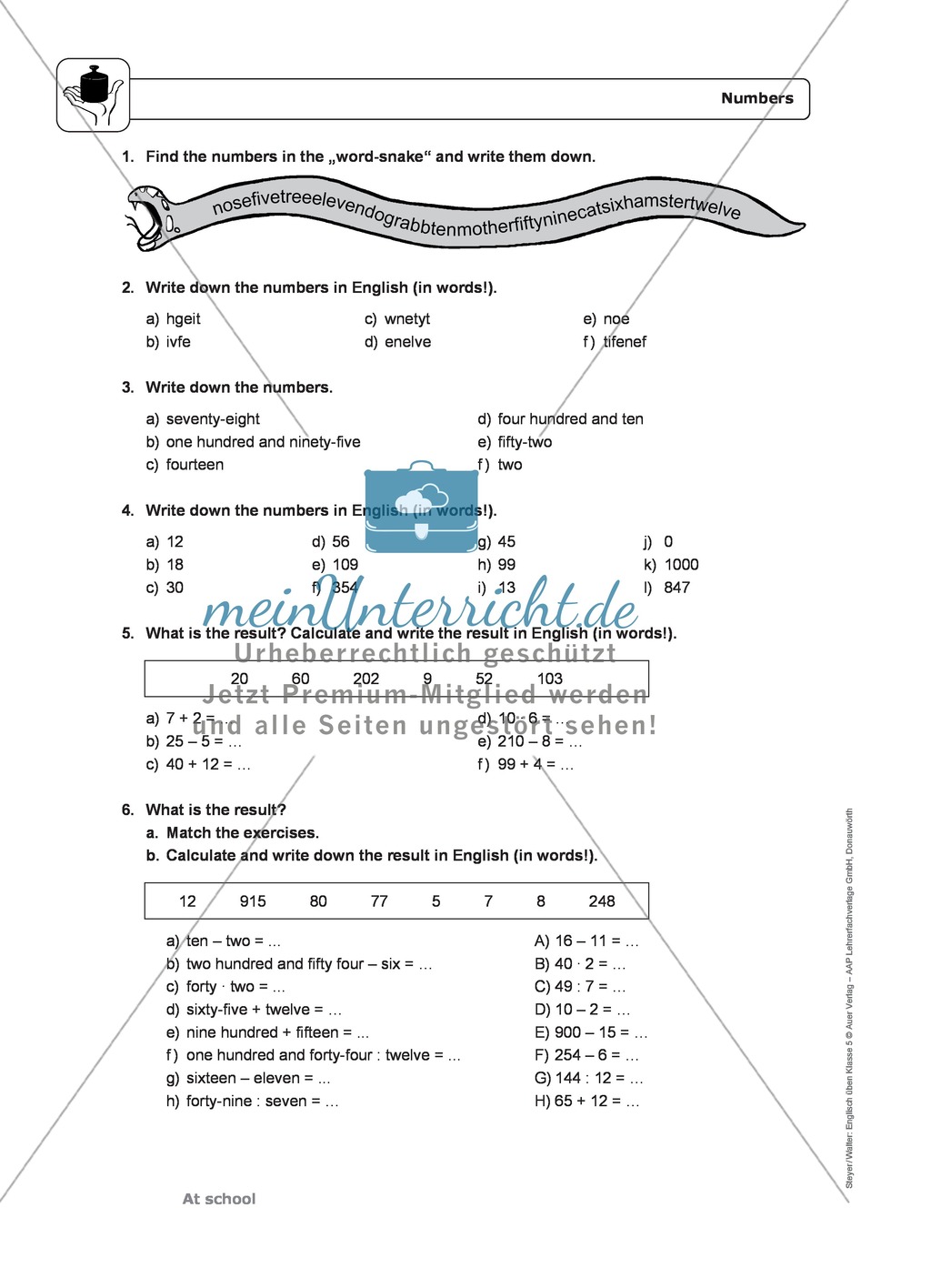 At school: numbers from 0-1000 - Exercises + Lösungen Preview 2