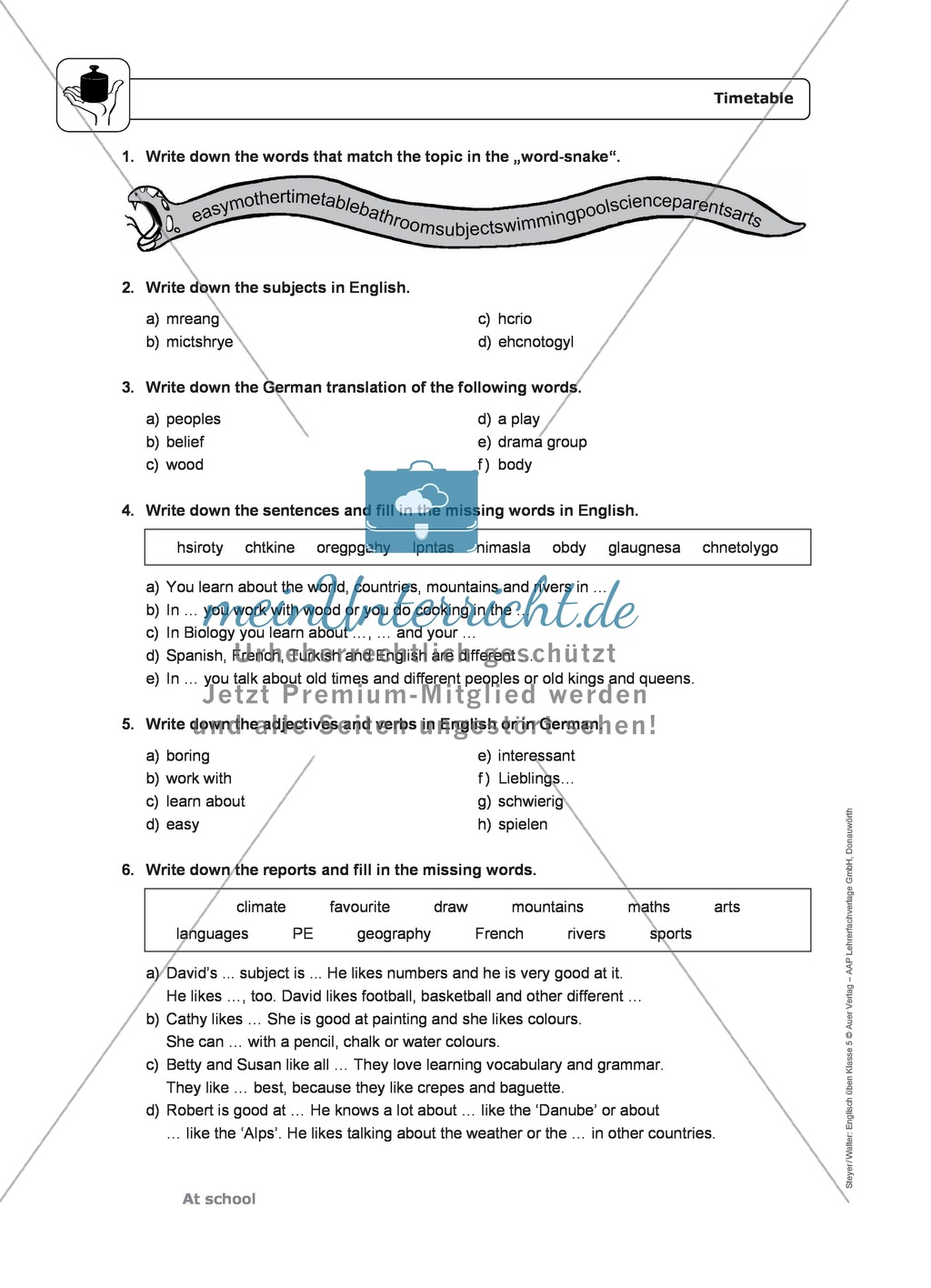 At school: subjects - Exercises + Lösungen Preview 2