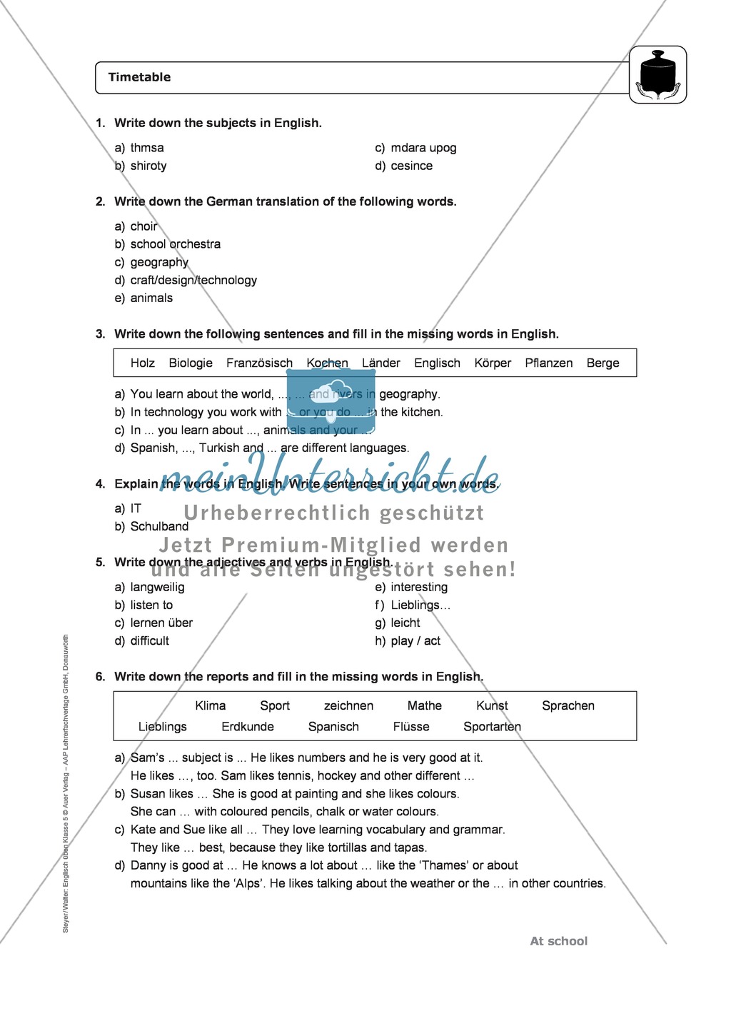 At school: subjects - Exercises + Lösungen Preview 3