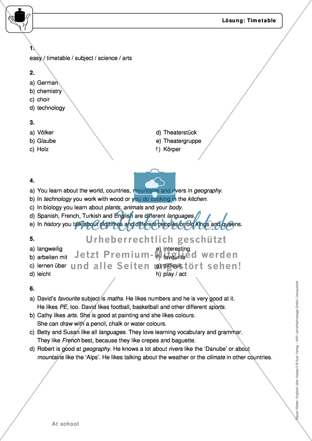 At school: subjects - Exercises + Lösungen Preview 4