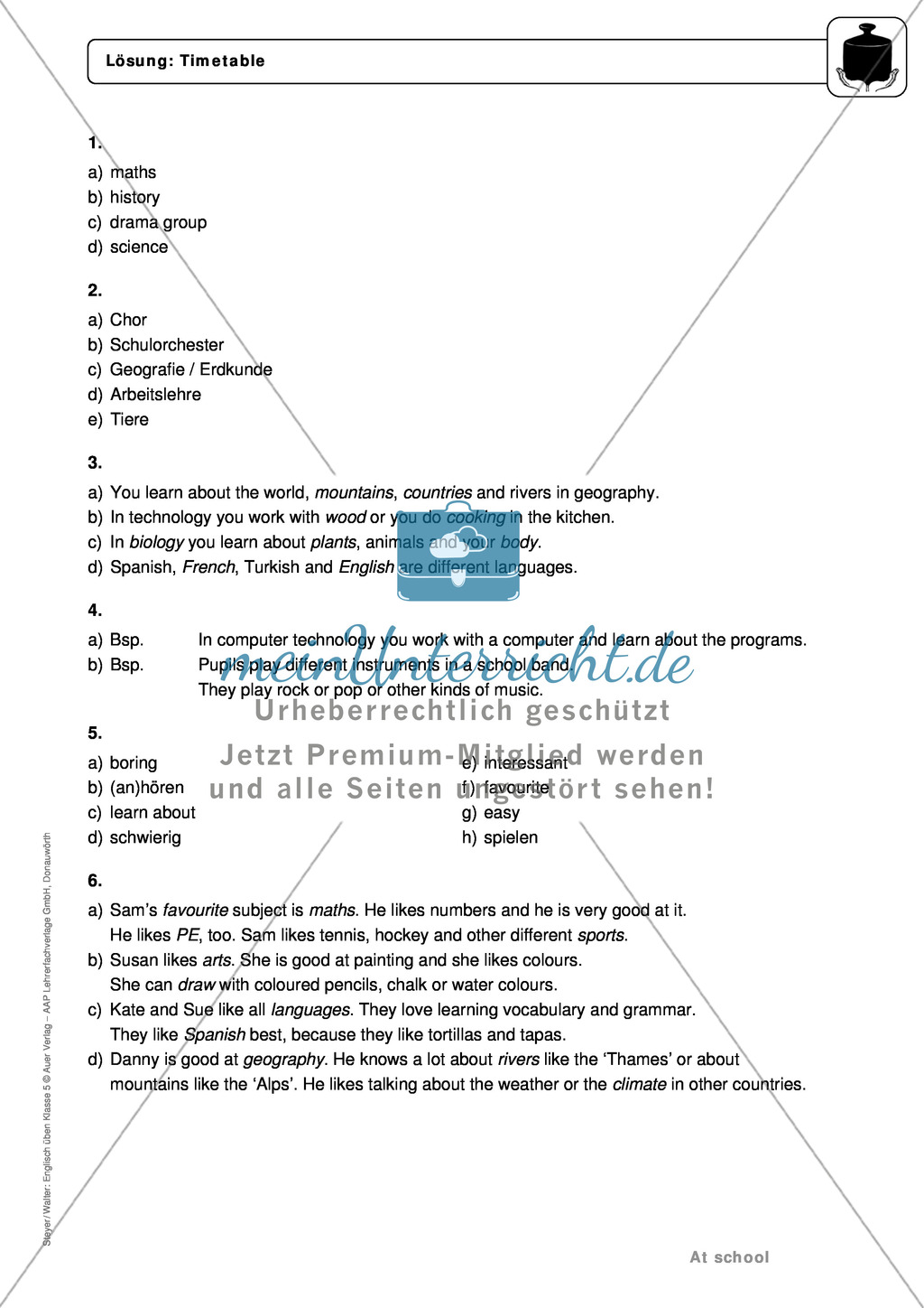 At school: subjects - Exercises + Lösungen Preview 5