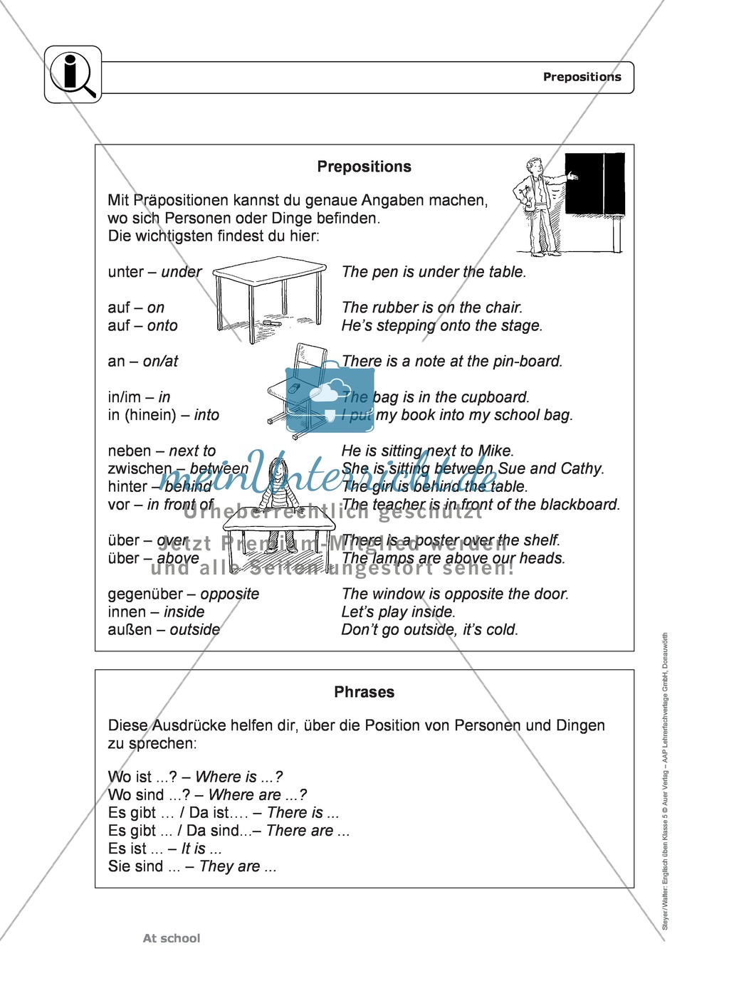 At school: prepositions and phrases - Exercises + Lösungen Preview 1