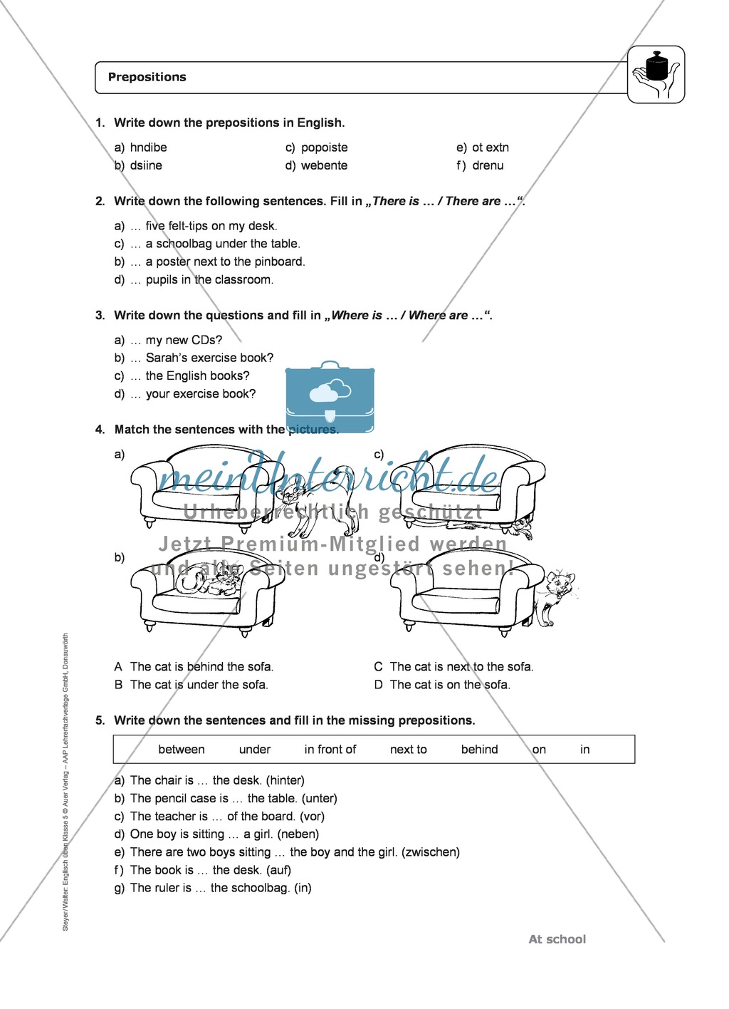 At school: prepositions and phrases - Exercises + Lösungen Preview 2