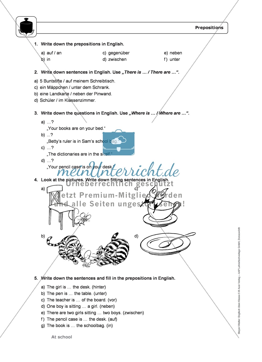 At school: prepositions and phrases - Exercises + Lösungen Preview 3