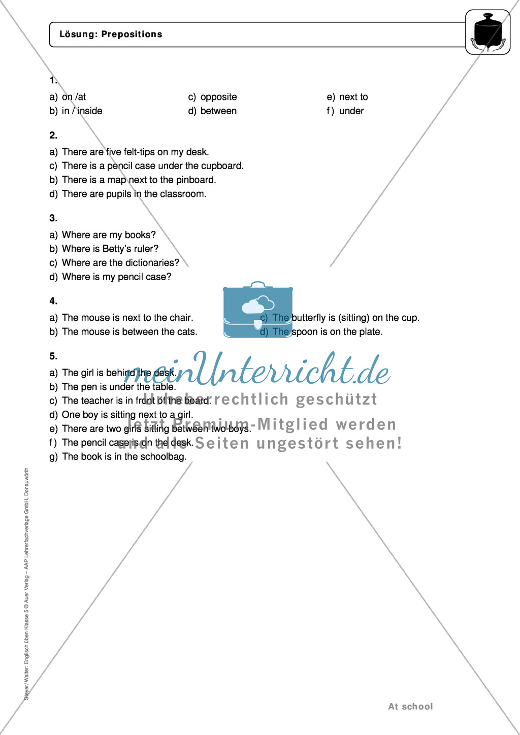 At school: prepositions and phrases - Exercises + Lösungen Preview 5