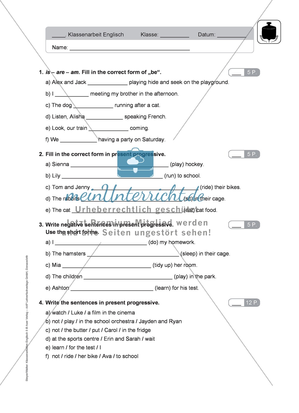 Klassenarbeit present progressive - schwer (2) - mit Lösungen Preview 1