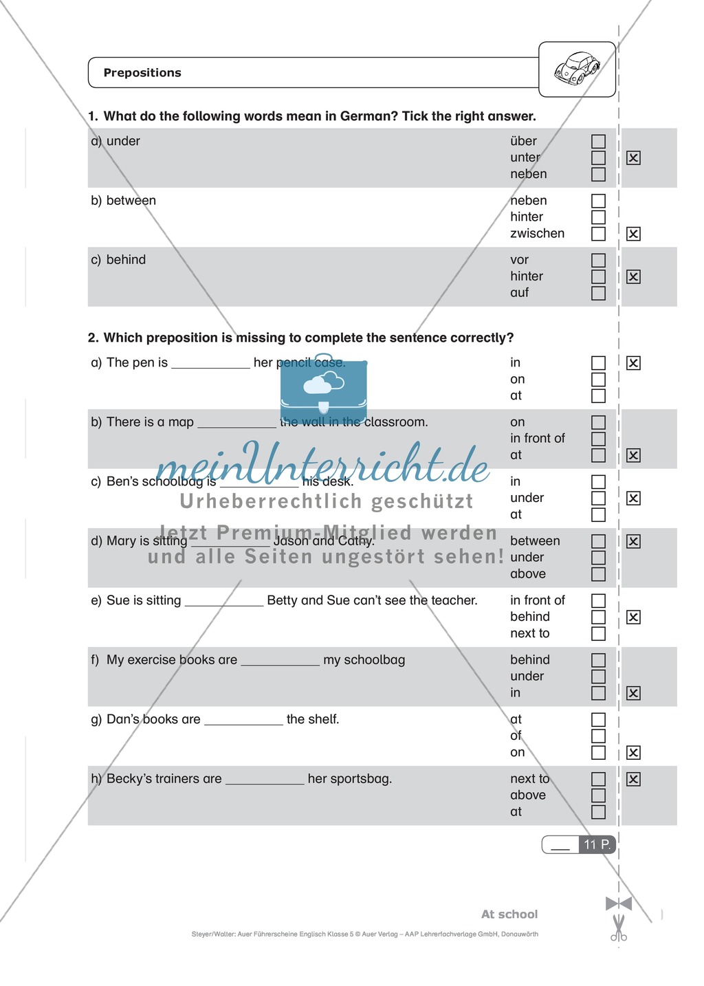 At school - Prepositions: Schnelltest zur Lernstandserfassung Preview 1