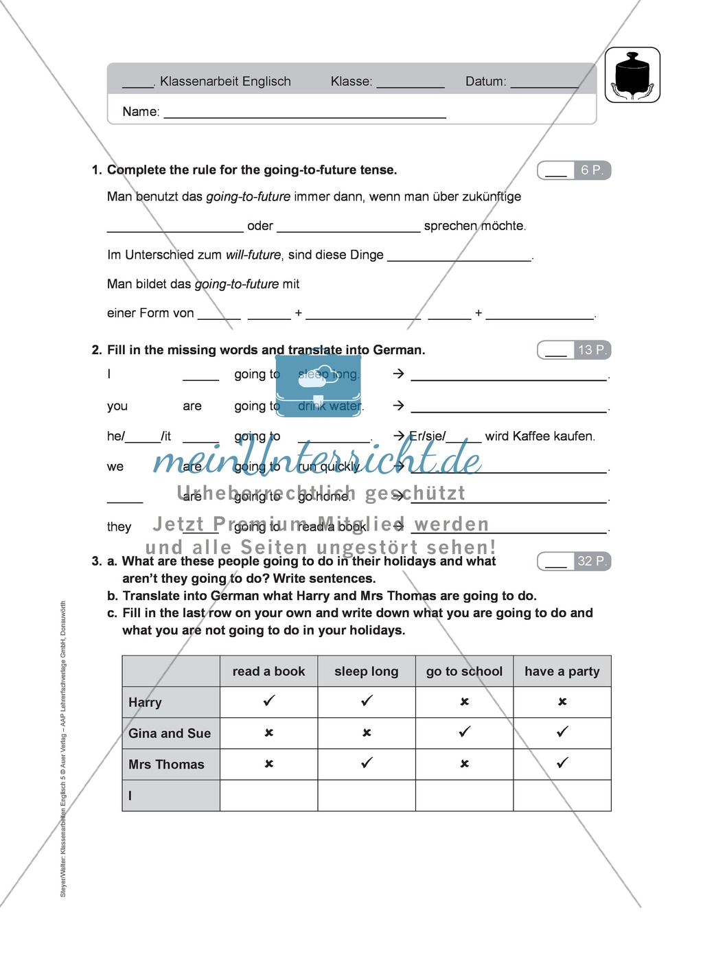Klassenarbeit going-to-future - schwer (1) - mit Lösungen Preview 1