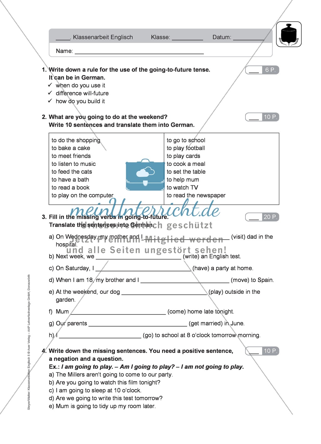 Klassenarbeit going-to-future - schwer (2) - mit Lösungen Preview 1